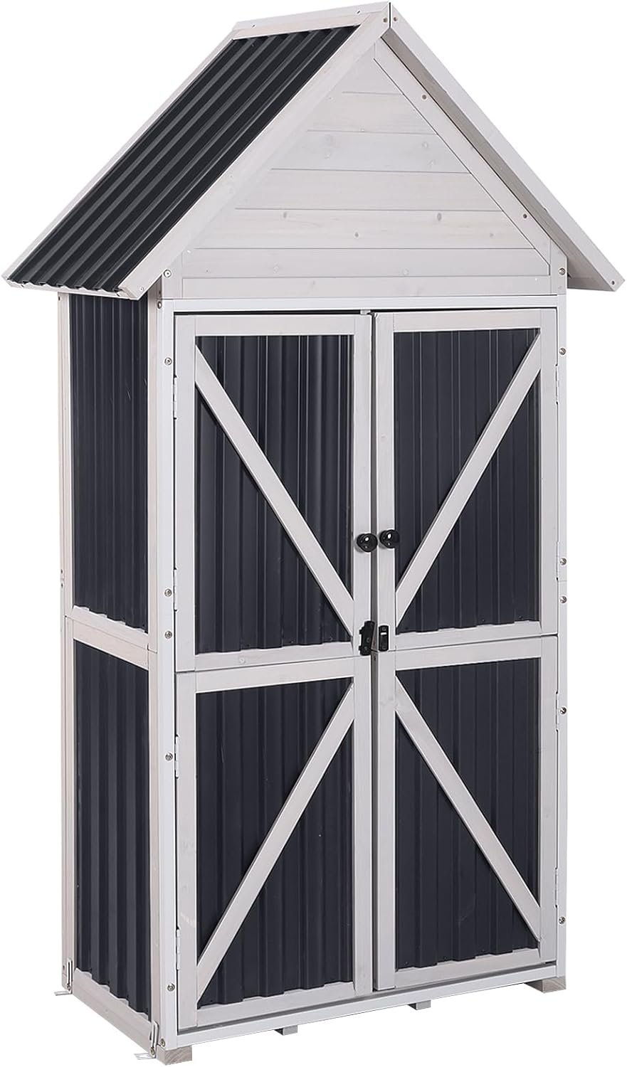 GUTINNEEN Outdoor Storage Cabinet, Wood & Metal Frame Garden Storage Shed with Waterproof Plastic Roof, Adjustable Shelves, Raised Base, Weather-Resistant Tool Shed for Backyard, Patio & Lawn, 67.5″H