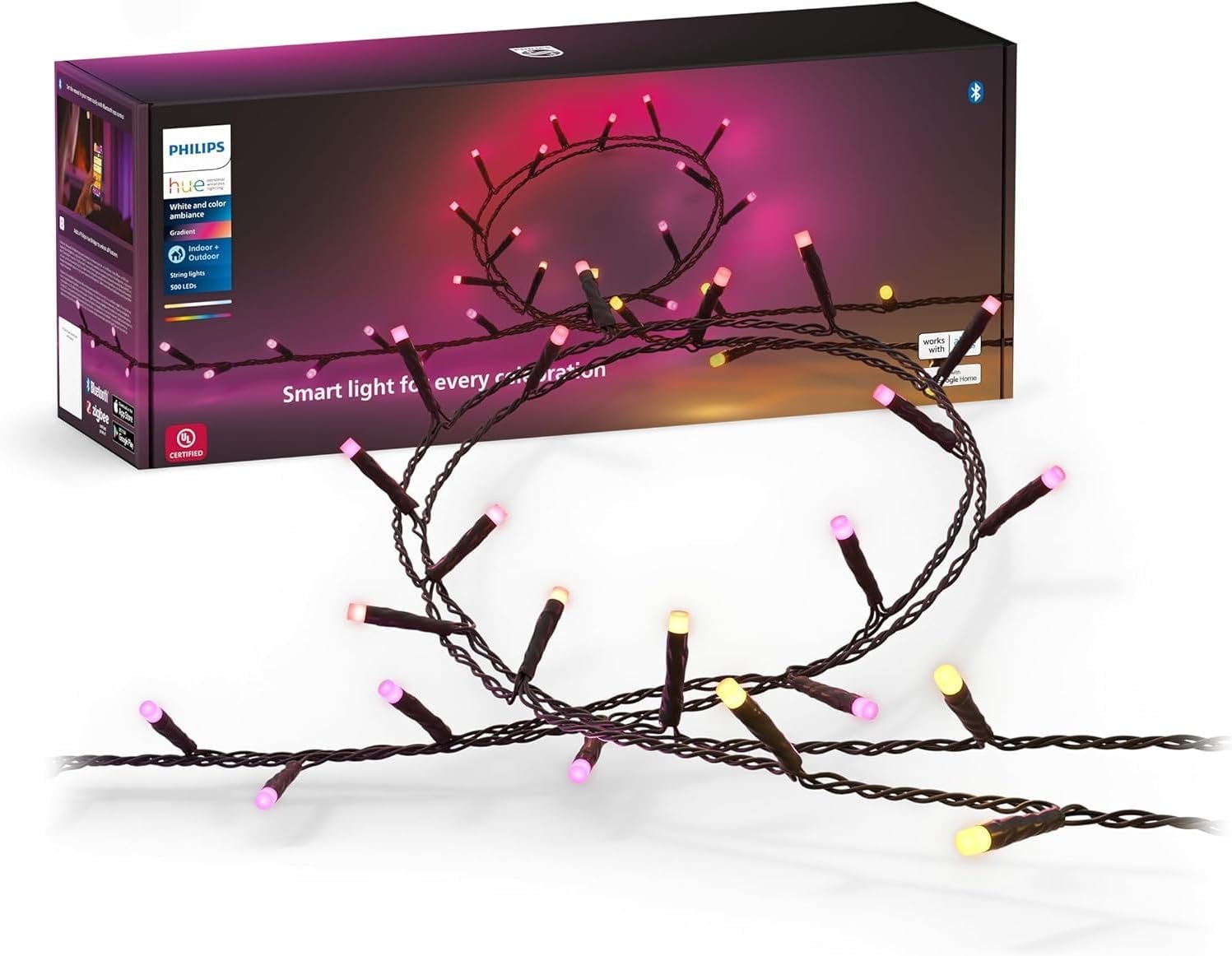 Philips Hue Indoor/Outdoor Holiday 130-Foot Festavia String Lights – 500 Mini Color Changing Smart LEDs – Weatherproof – Control with Hue App – Works with Alexa, Google Assistant and Apple HomeKit