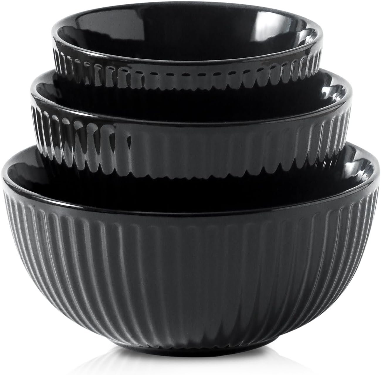 HASENSE Small Mixing Bowls of 3, Porcelain Ribbed Black Bowls 1.5/1/0.5 Qt For Kitchen, Cooking, Baking and Serving Prep Bowls for Salad, Pasta, Modern Kitchen Dish Dishwasher & Microwave Safe