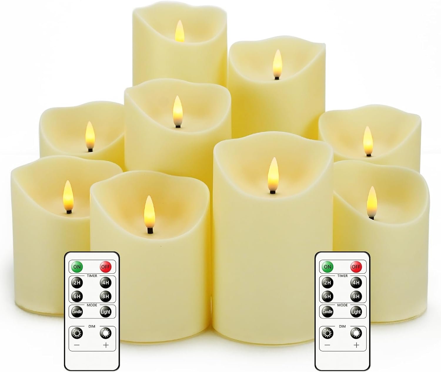 Nimiko Flameless Candles with Remote, Battery Operated Flickering Flameless Candles, LED Candles with Timer 2/4/6/8H, with Realistic LED Candles Set of 9 (D3 x H 3″ 4″ 5″ 6″ 7″) (Ivory)