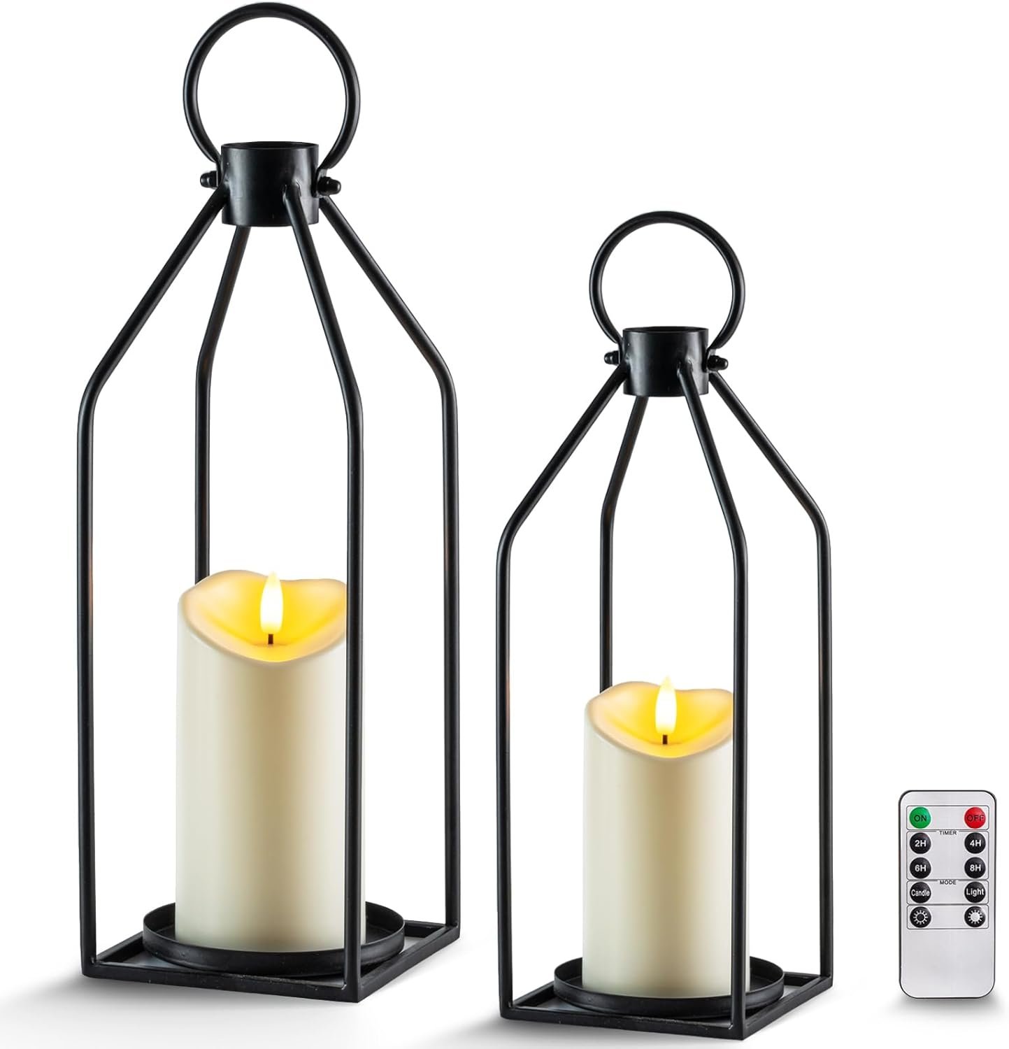 Homemory Modern Farmhouse Lantern Decor with Waterproof Flameless Candle & Remote Timer, 2PCS Black Metal Candle Lantern Decorative for Outdoor Indoor Home Living Room Patio Porch Table