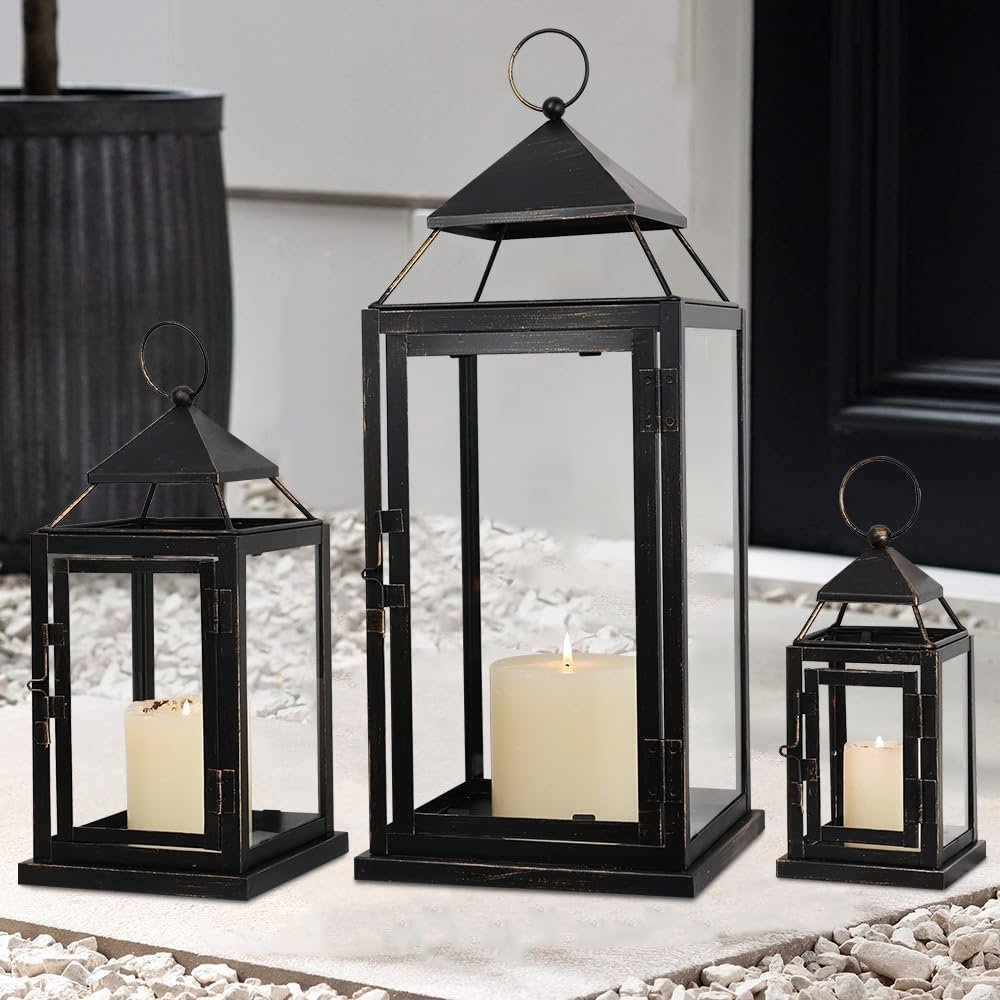 NEEDOMO Lanterns Decorative Outdoor&Indoor, Set of 3 Outdoor Lanterns for Porch, Vintage Candle Lantern Decor for Living Room, Fireplace, Fall, Christmas, Garden, Wedding, Yard, Bronze