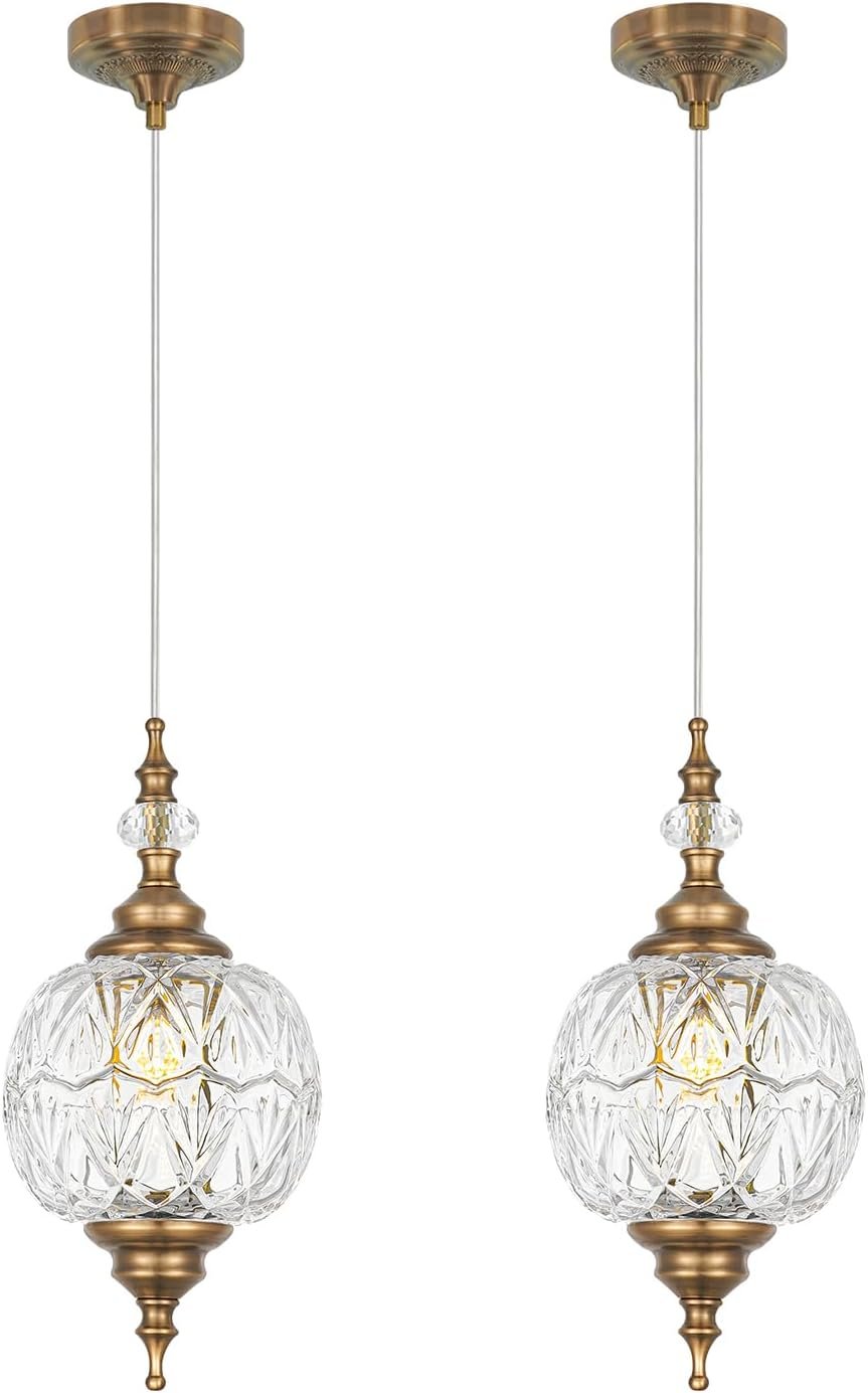 Vintage Pendant Lights Kitchen Island Set of 2, Brass Bathroom Pendant Light with Small Detachable Glass, Modern Classic Adjustable Hanging Light for Kitchen, Hallway, Table, G9 Base, Brown Bronze
