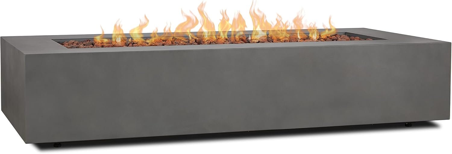 Real Flame Aegean 70in Rectangle Propane or Natural Gas Fire Pit Table, 65,000 BTU, Powder-Coated Steel, Push-Button Ignition, Lava Rock, Storage Cover, Stainless Steel Burner – Weathered Slate