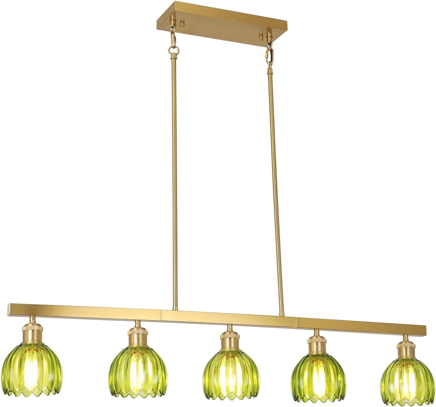 5-Lights Modern Chandeliers for Dining Room, Gold Pendant Light Fixtures with Green Flower Shade, Entryway Chandelier Pendant Lighting for kitchen island, Linear Hanging Dining Room Light Fixture