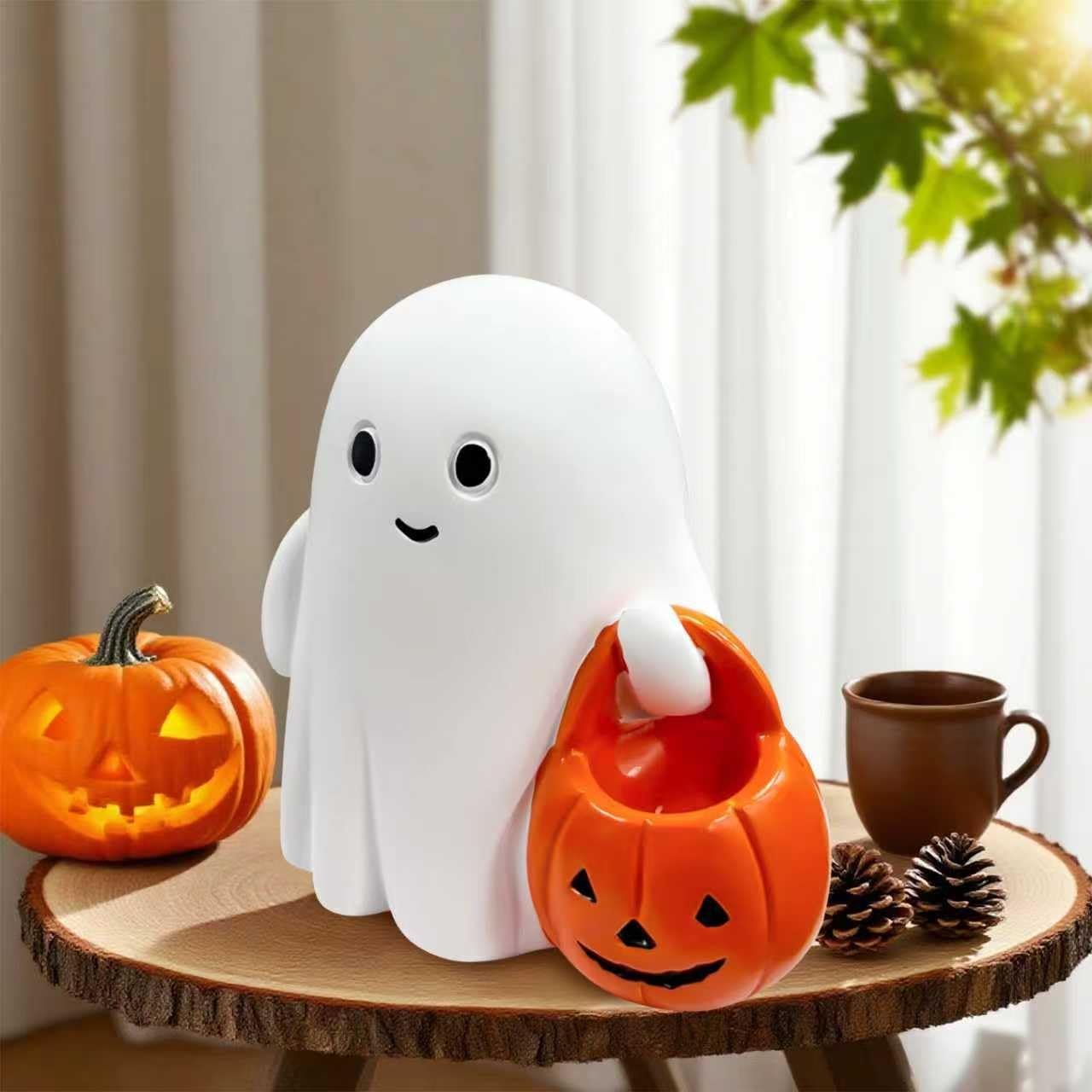 Halloween Ghost Decor, Cute Pumpkin Ghost Figurine for Halloween Decoration Indoor, Resin Ghost Statue for Desk Tabletop Centerpieces, Spooky Home Decor