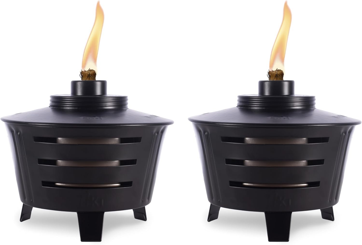 TIKI Mini Fire Pit Tabletop Torch 2-Pack, Outdoor Decorative TIKI Torch for Patio, Backyard, and Garden, Black Metal Tabletop Flame Torch, Includes Long Lasting Wick and Snuffer