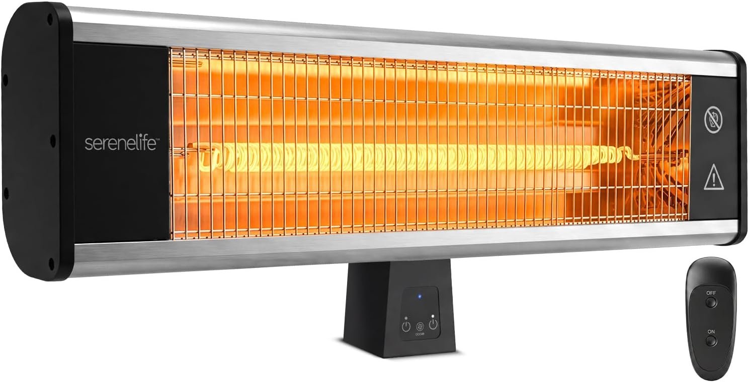 SereneLife Infrared Patio Heater, Wall-Mounted Electric Heater with Remote Control, 1500W, IP65 Approved, Odorless, Indoor/Outdoor for Patio, Restaurant, Backyard, Garage, Decks