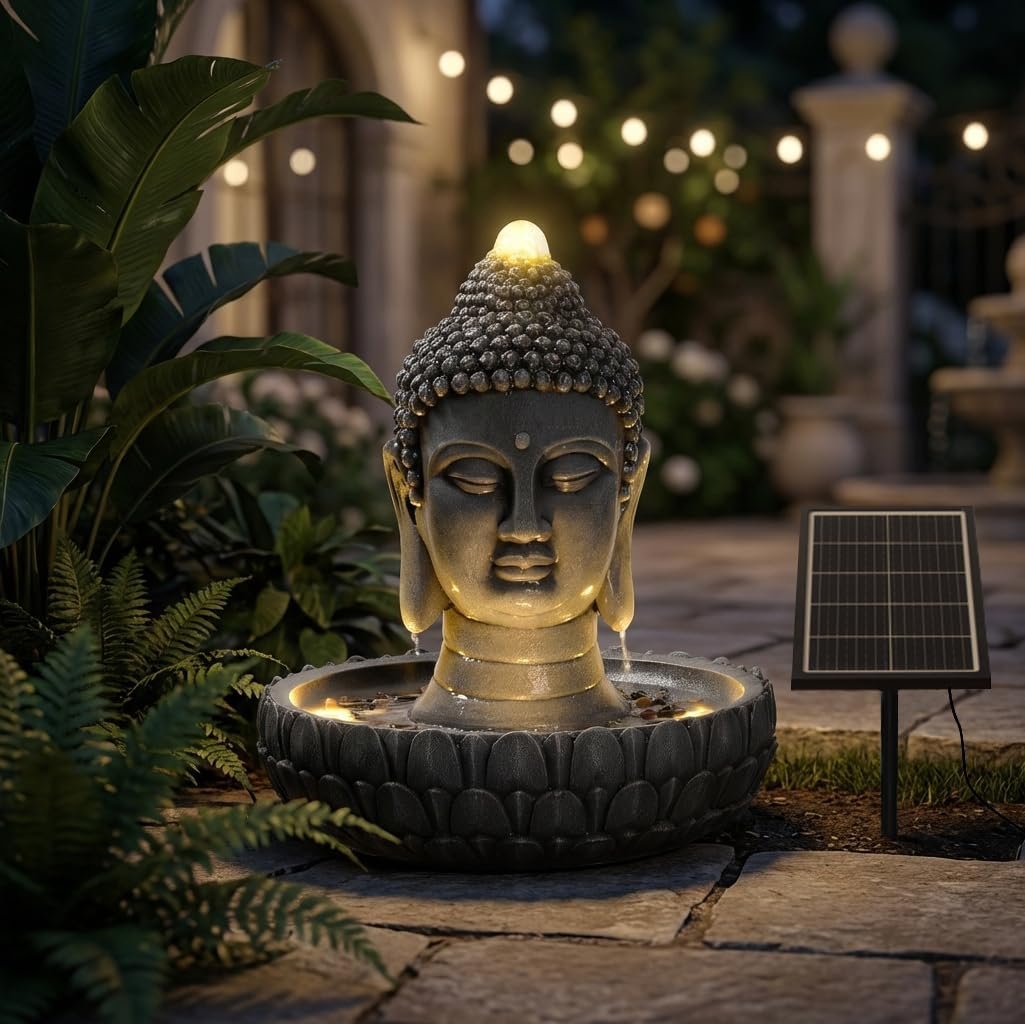 Solar Powered Buddha Statue Water Fountain Outdoor, Zen Waterfall Fountain with LED Lights, Peaceful Relaxing Water Feature Landscape Decor for Garden, Patio, Yard