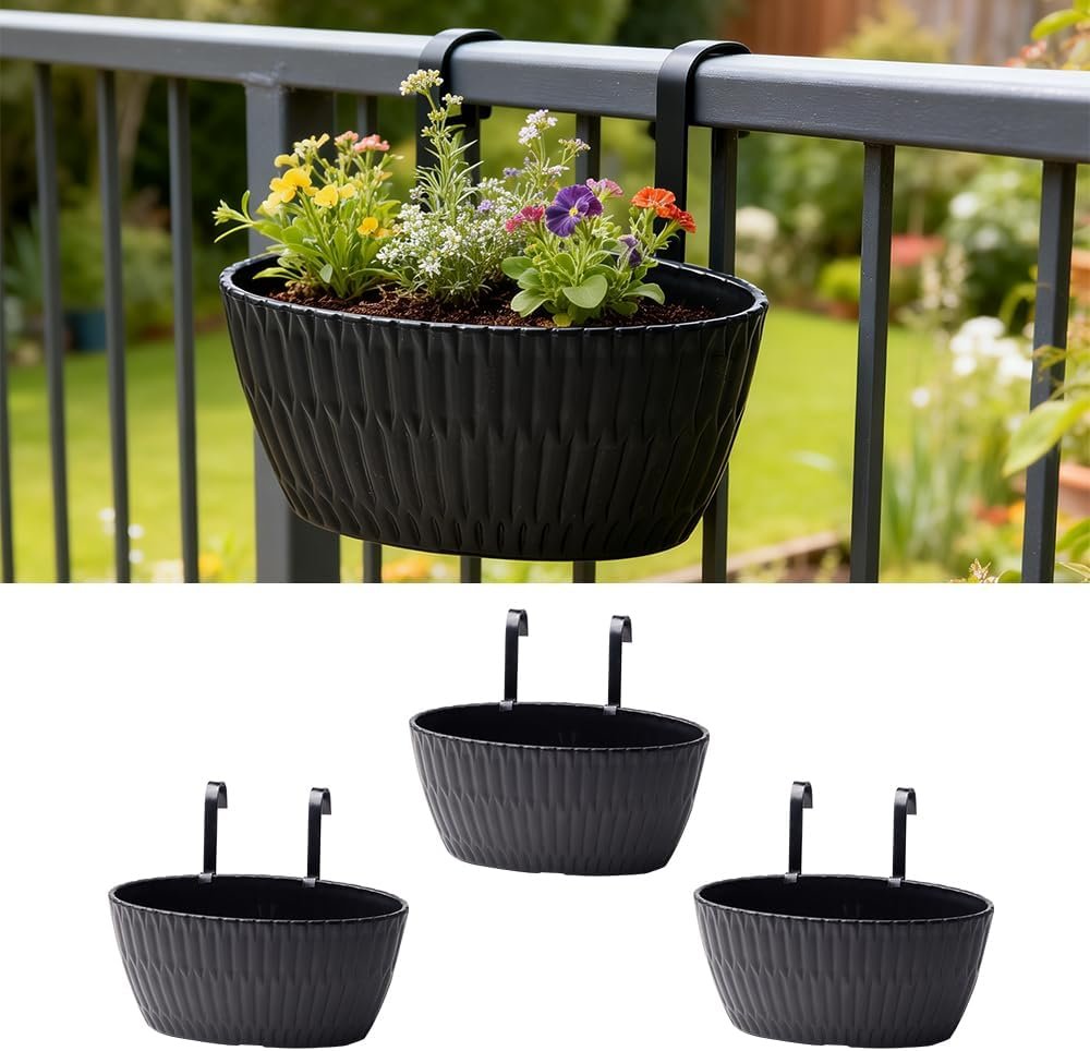 9 Inch Hanging Flower Pots, 3 Pcs Black Railing Fence Hanging Bucket Planter with Detachable Hooks, Countryside Window Plant Holder for Outdoor Garden Yard Home Decor