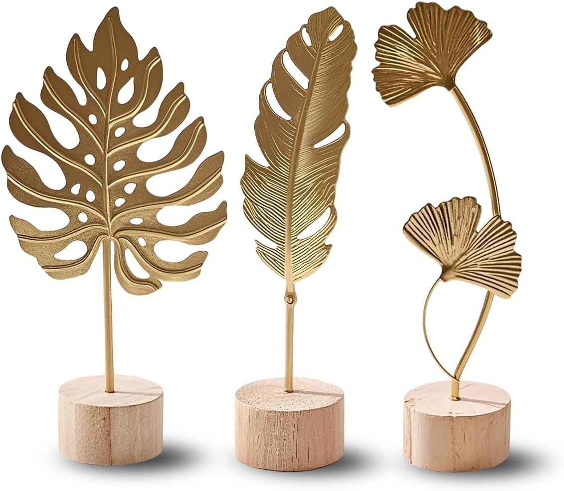 Gold Leaf Home Decor Set – Metal Leaves Statues, Modern Artistic Sculptures for Living Room, Office, Shelf & Home Decorative, Handmade 3D Botanical Accents (Monstera, Feather, Ginkgo, 3PCS)