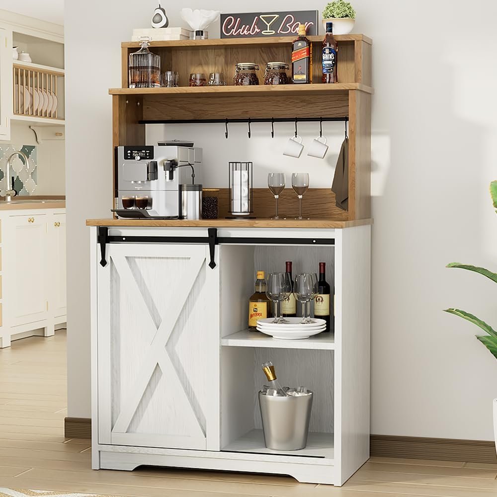 31inch Farmhouse Coffee Bar Cabinet, Small Coffee Bar Table with 3-Tier Hutch, Sliding Barn Doors, White Coffee Station Organizer for Kitchen Dining Room