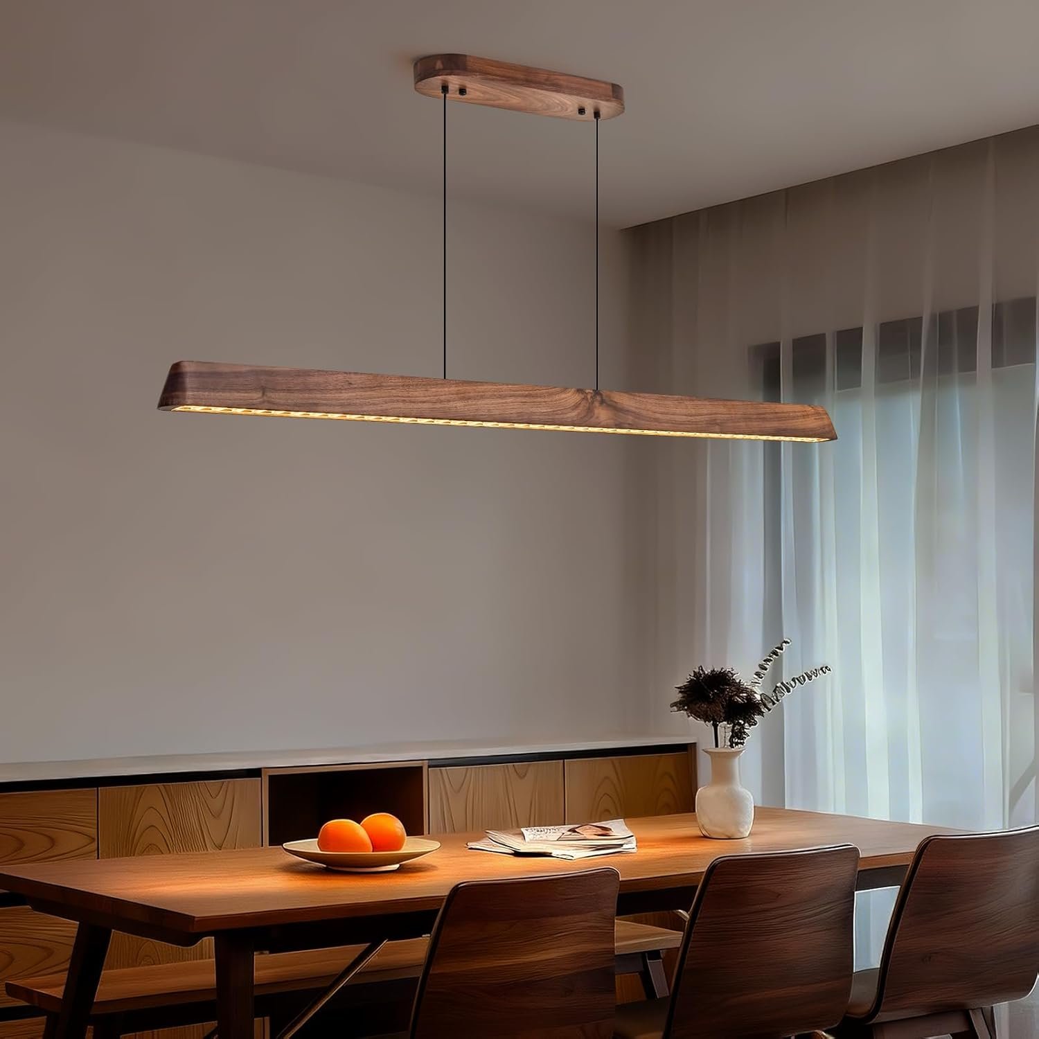 45″ Wood Linear Pendant Light, Dimmable Kitchen Island Lighting with Remote, 30W LED Island Lights for Kitchen, Adjustable Linear Chandelier for Dinning Room Light Fixture, Bar, Pool Table – Walnut