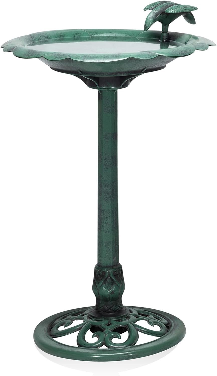 Alpine Corporation 31″ Tall Outdoor Antique Flower Birdbath with Bird Decoration Yard Statue, Durable Polypropylene Construction for Patio, Deck, or Yard, Green