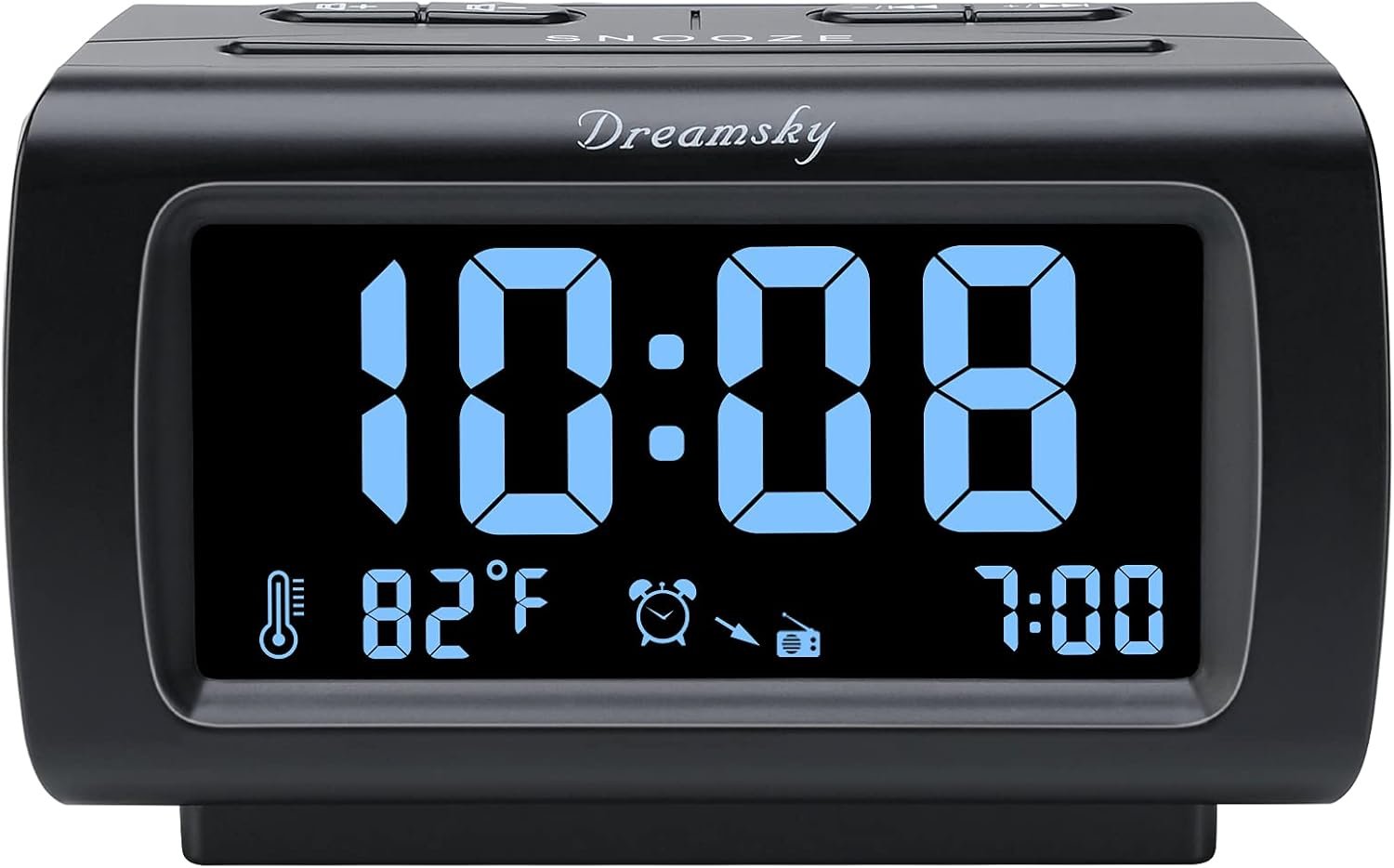 DreamSky Alarm Clock Radio for Bedrooms with Battery Backup | Large Numbers with Dimmer Wheel, USB Port, Bedside Digital FM Radio with Sleep Timer, Temperature, Adjustable Volume, Snooze