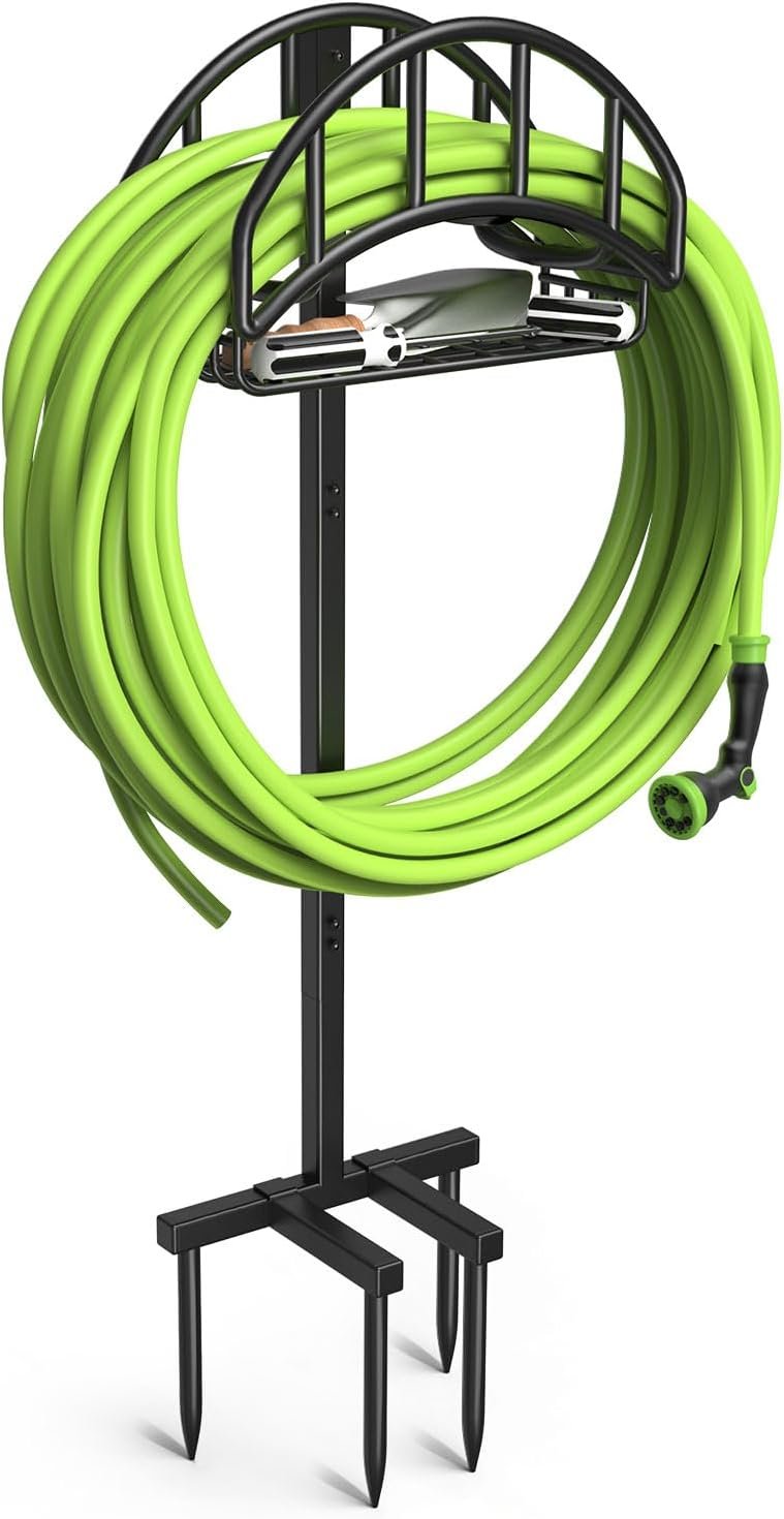 Garden Hose Holder – Upgraded Metal Reel With Tool Storage Basket, Heavy Duty Freestanding Water Hose Holder Holds 150ft, Detachable Storage Hanger for Outside
