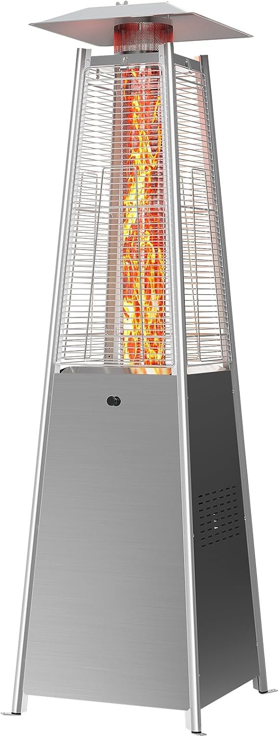 OLIXIS Pyramid 48000 BTU Patio Heater, Stainless Steel Propane Outdoor Heater with Pulse Ignition, Anti-Tip Safety & Moving Wheels, for Backyard Garden Deck Patio, Silvery