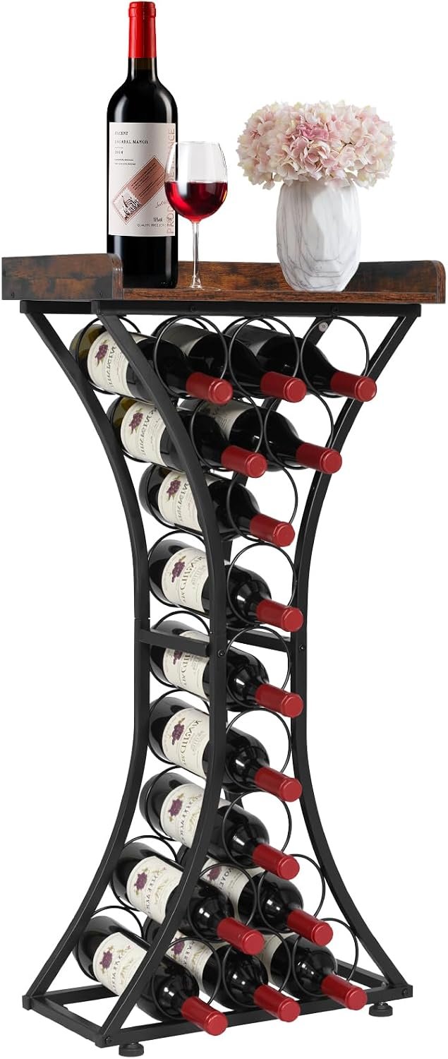 VEVOR 15 Bottle Wine Rack,Iron Freestanding Floor Wine Holder, Mini Bar Stand Liquor Cabinet with Wood Tabletop, for Home Bar,Kitchen,Living Room,Dining Room,16.9”L X 11.4”W X 35.2”H