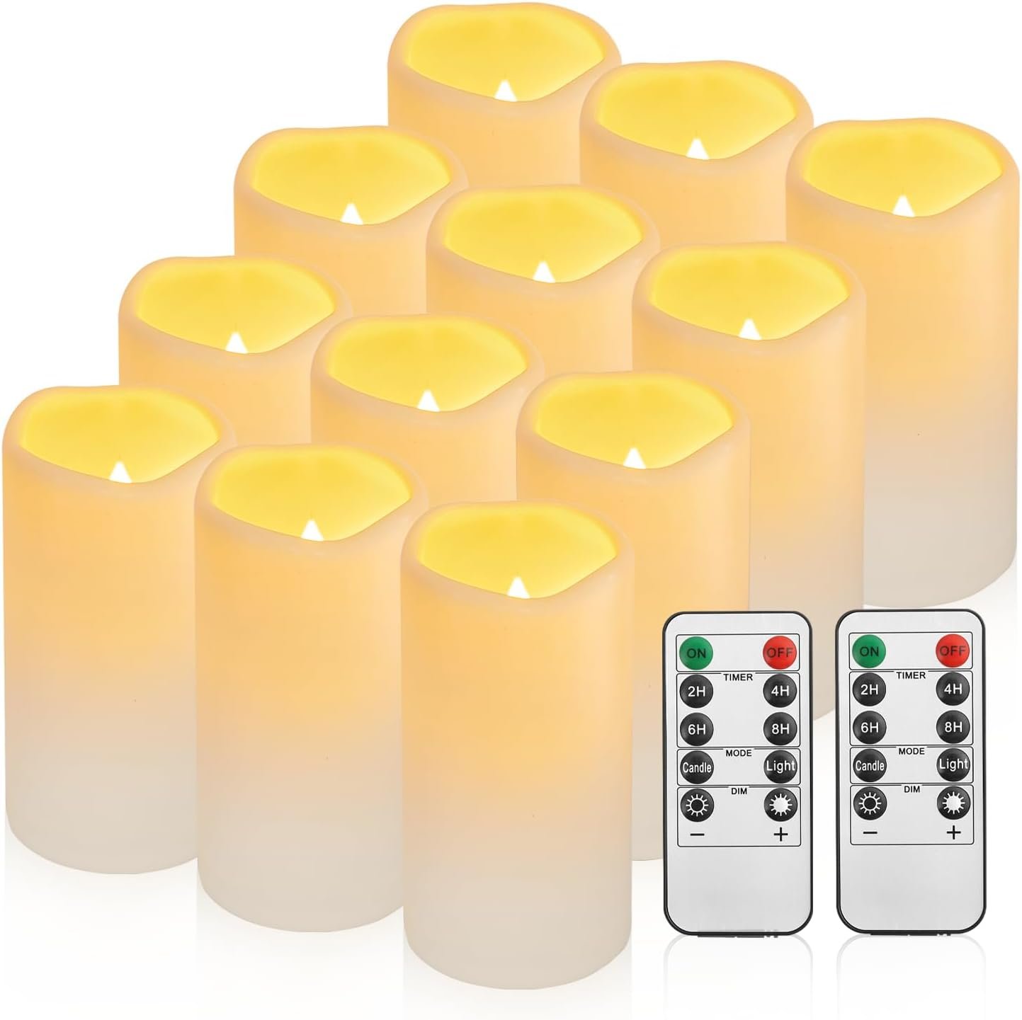 Waterproof Flameless Remote Control Candles 12PACK（D3”*H5.5”） Battery Operated Flickering LED Pillar Candle，plastic with 10-Key 24Hours Timer for Outdoor/Indoor Party Garden Lanterns Porch Ivory