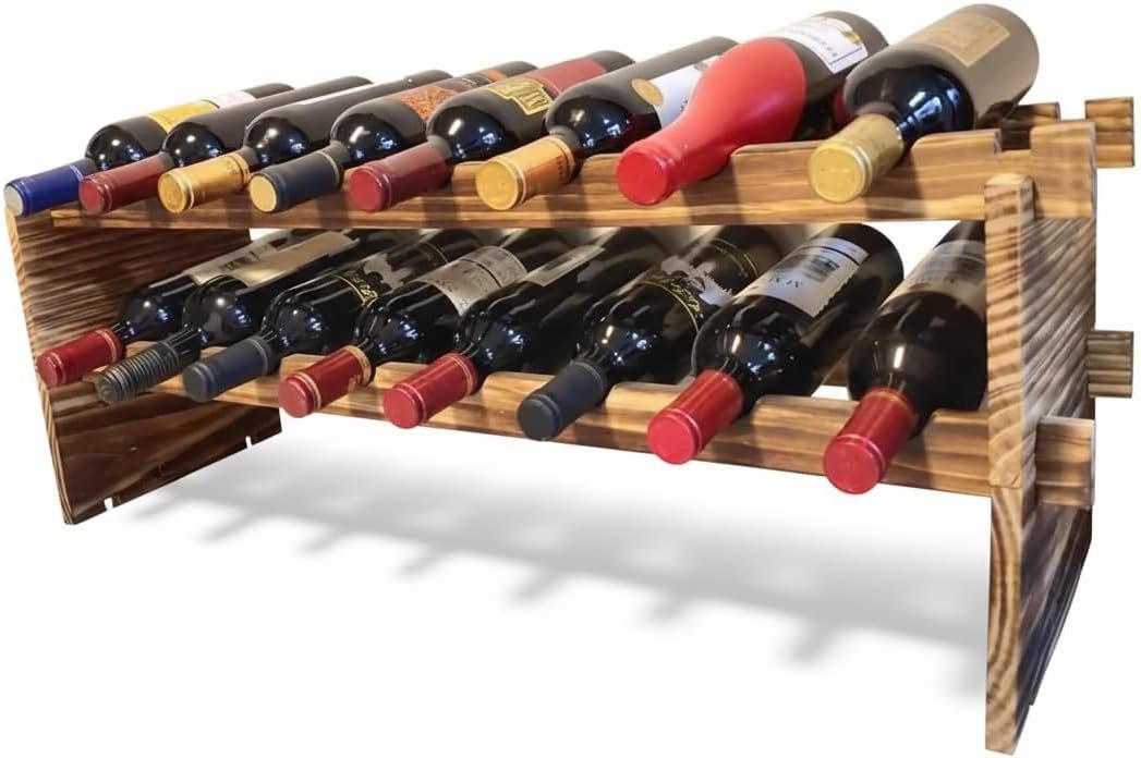 16-Bottle Stackable Wine Rack – 2-Tier Rustic Pine Wood Wine Storage, Freestanding Organizer for Kitchen, Home Bar & Dining Room – Easy Assembly
