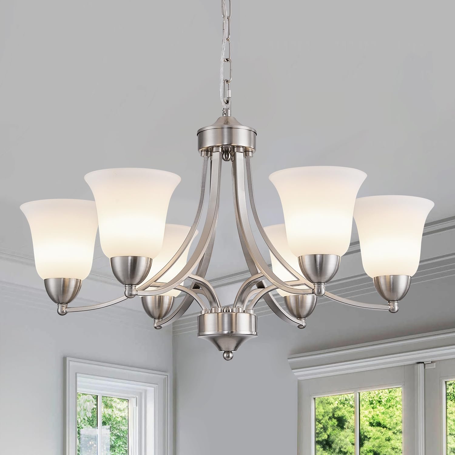 6 Lights Brushed Nickel Dining Room Light Fixture Farmhouse Modern Chandelier Pendant Light Silver Adjustable Ceiling Hanging Lighting with Frosted Glass for Kitchen Island Living Room Foyer