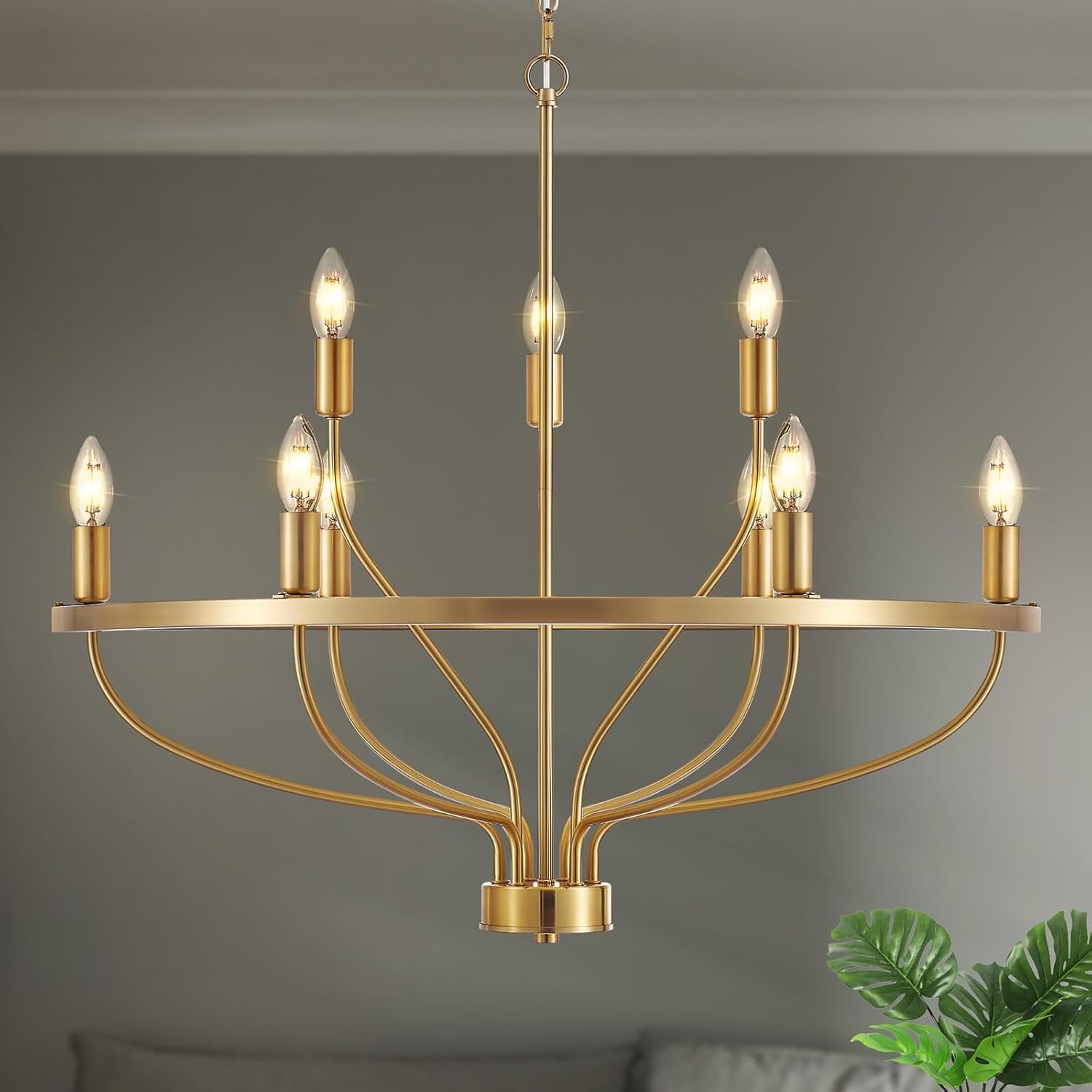 30″ Modern Gold Chandelier Light Fixture Vintage 9-Lights Mid Century Modern Candle Style Chandeliers Rustic Industrial Golden Chandelier for Dining Room, Kitchen Island, Living Room, E12