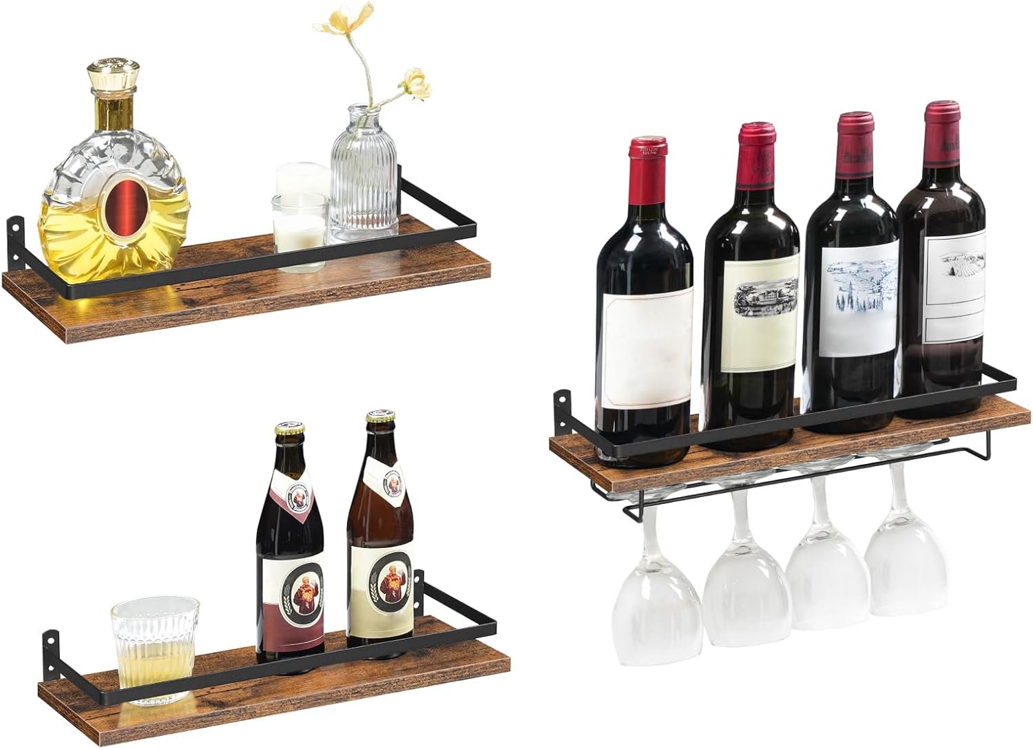 HOOBRO Wall Mounted Wine Rack 3 Pack, Wine Rack with Glass Bottle Holder, Hanging Wine Shelves with Stemware Hanger, Wine Display Storage Rack for Home Bar, Kitchen, Dining Room, Rustic Brown BF34BJ01