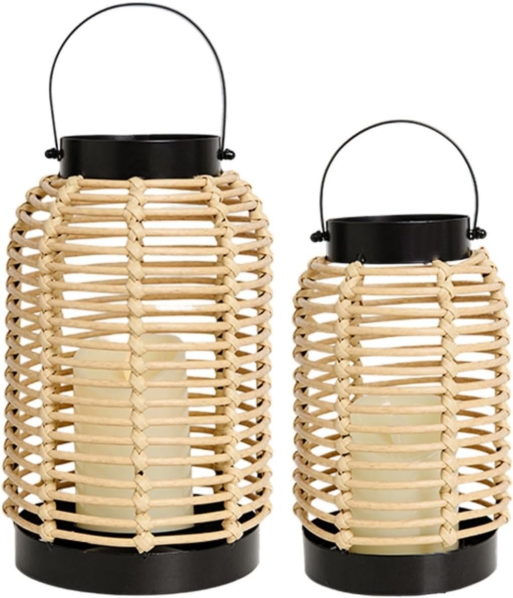 14in Lanterns Decorative for Home Decor- Decorative Candle Lanterns w/ LED Candles- Boho Rattan Woven Hanging Black Lanterns Decor for Indoor, Outdoor, Patio & Porch, Tabletop, Fireplace & Mantle