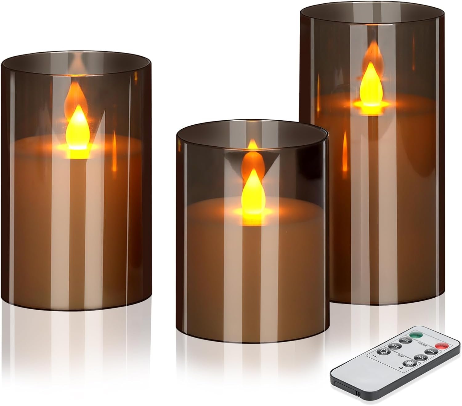 wemarry Flameless Candles 4″ 5″ 6″ Acrylic Glass Pillars 3″ Diameter Battery Operated Flickering Candles Include 8-Key Remote with Timer Function 400+ Hours (Gray, Warm Light 3 Pack)