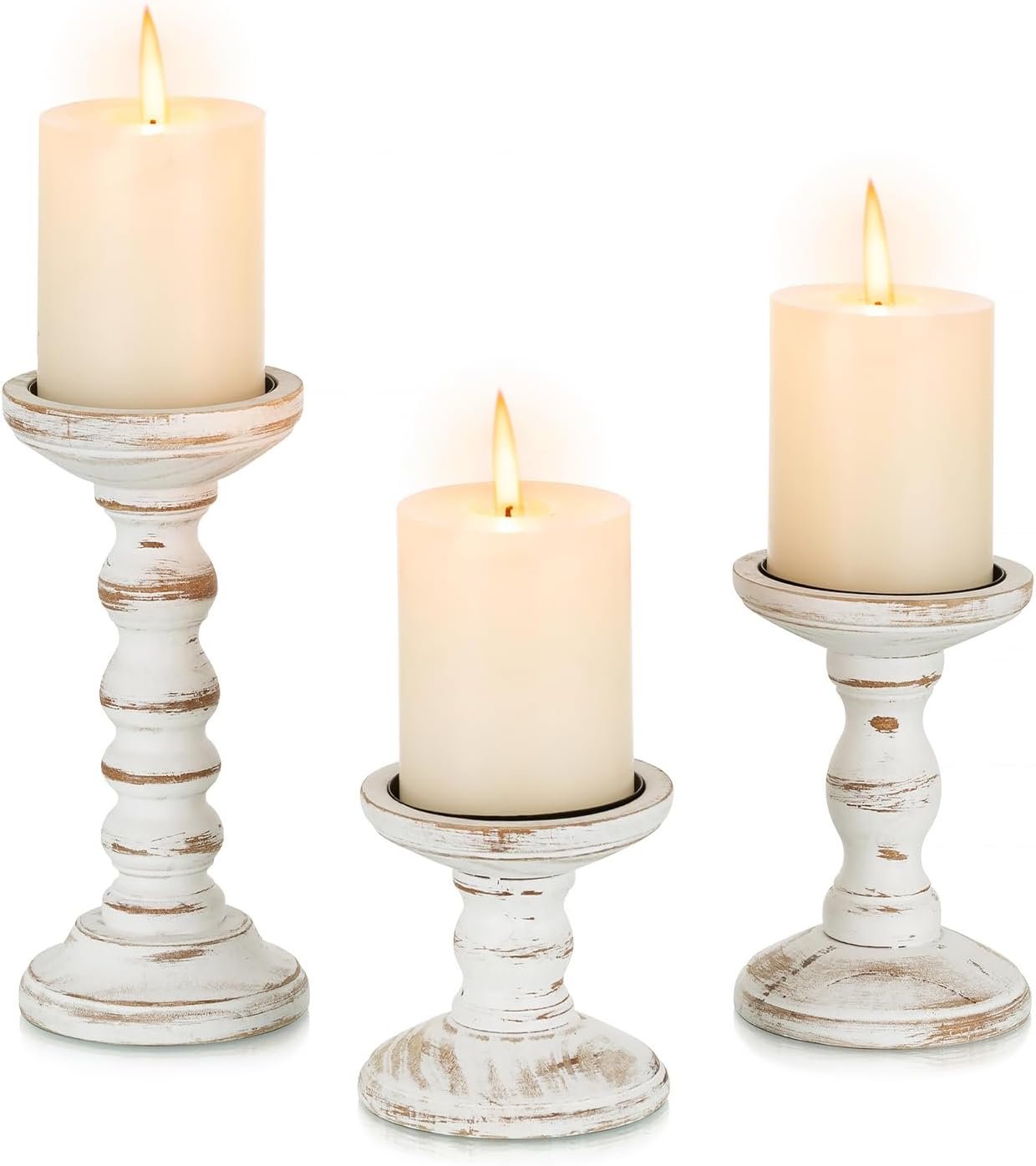 Candeldo Wood Candle Holders for Pillar: Rustic Candles Holder Set of 3 Tall Table Centerpiece Shabby Chic Decor Wooden White Farmhouse Decorations for Fireplace Mantle