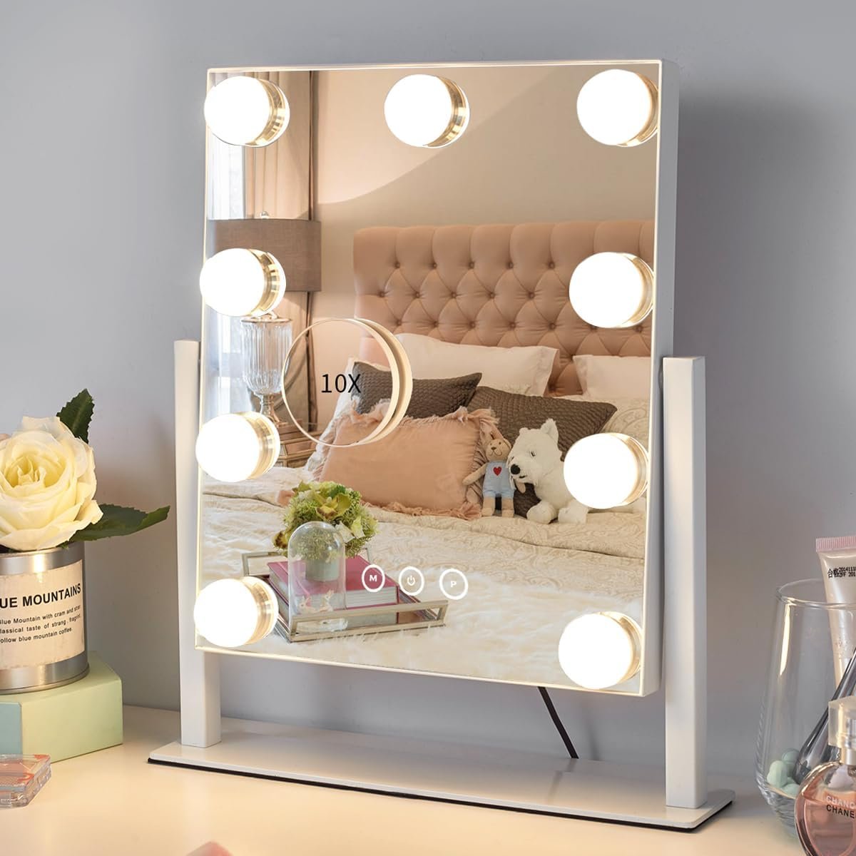 Kotdning Vanity Mirror with Lights,Lighted Vanity Mirror with 9 Dimmable Bulbs for Dressing Room & Bedroom,3 Color Lighting,Modes Detachable 10x Magnification 360°Ratation(White) 12″ L x 14.4″ W
