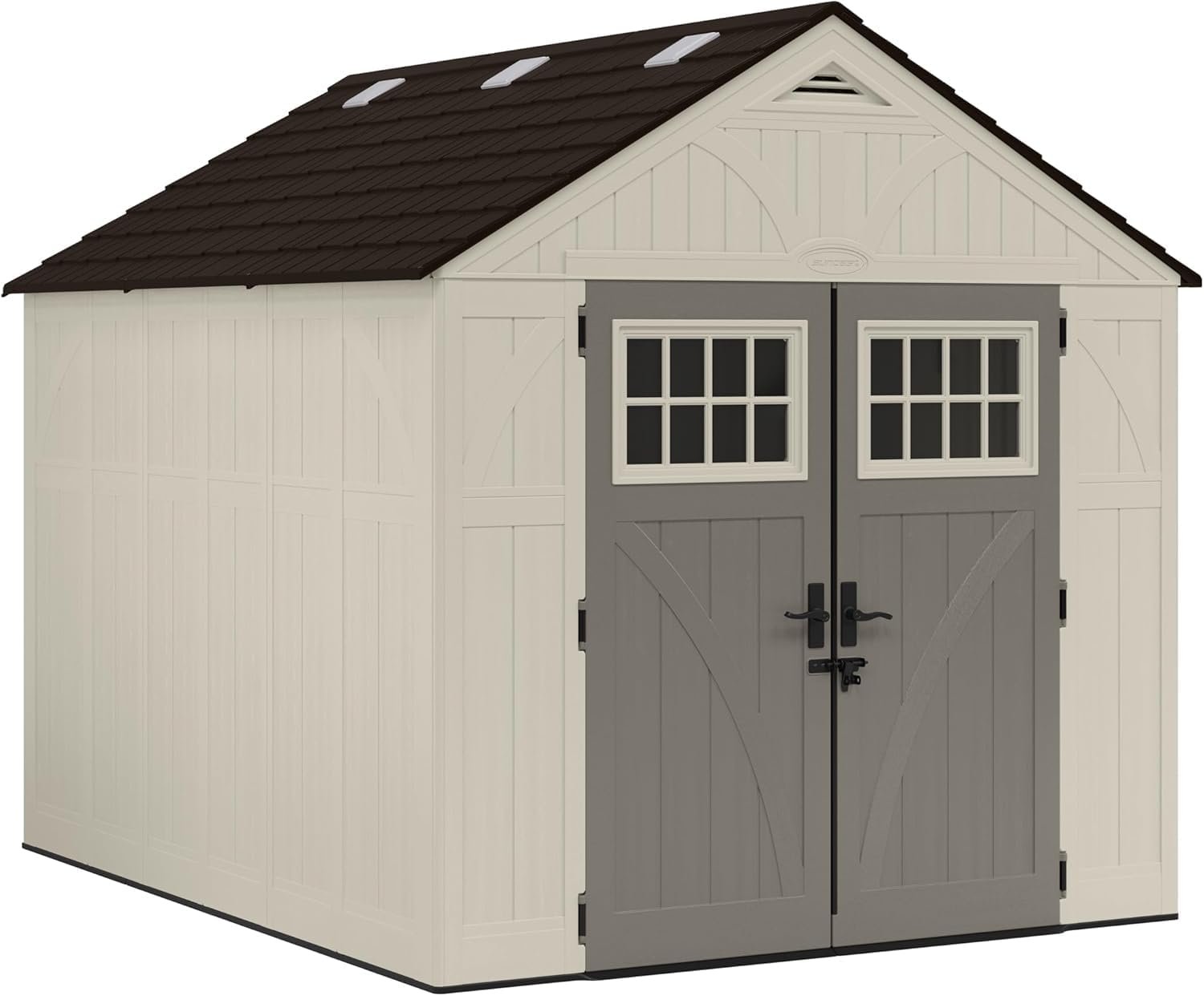 Suncast 8×10 Ft. Outdoor Storage Shed – Large Resin Outdoor Shed with Floor Included, Lockable Double Doors & Skylights. 547 Cu Ft Tremont Garden Resin Sheds for Lawn Tools, Riding Mowers, & Bikes