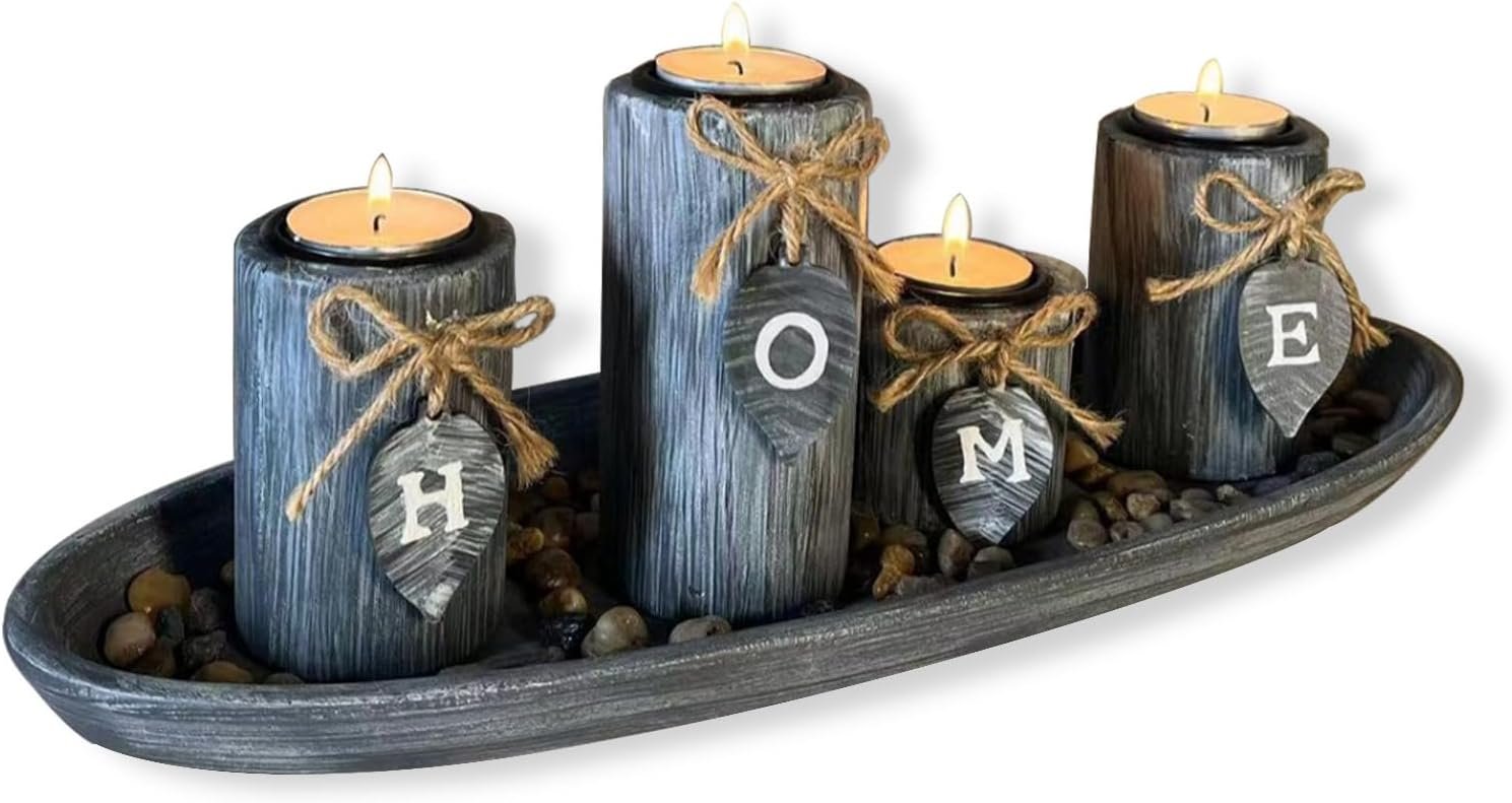 Wooden Candle Holders Centerpieces for Living Room Coffee Table Decorations | Wooden Candles Holders with Rustic Tray,Candlesticks for Home Decoration Fireplace Farmhouse Table Kitchen Decor