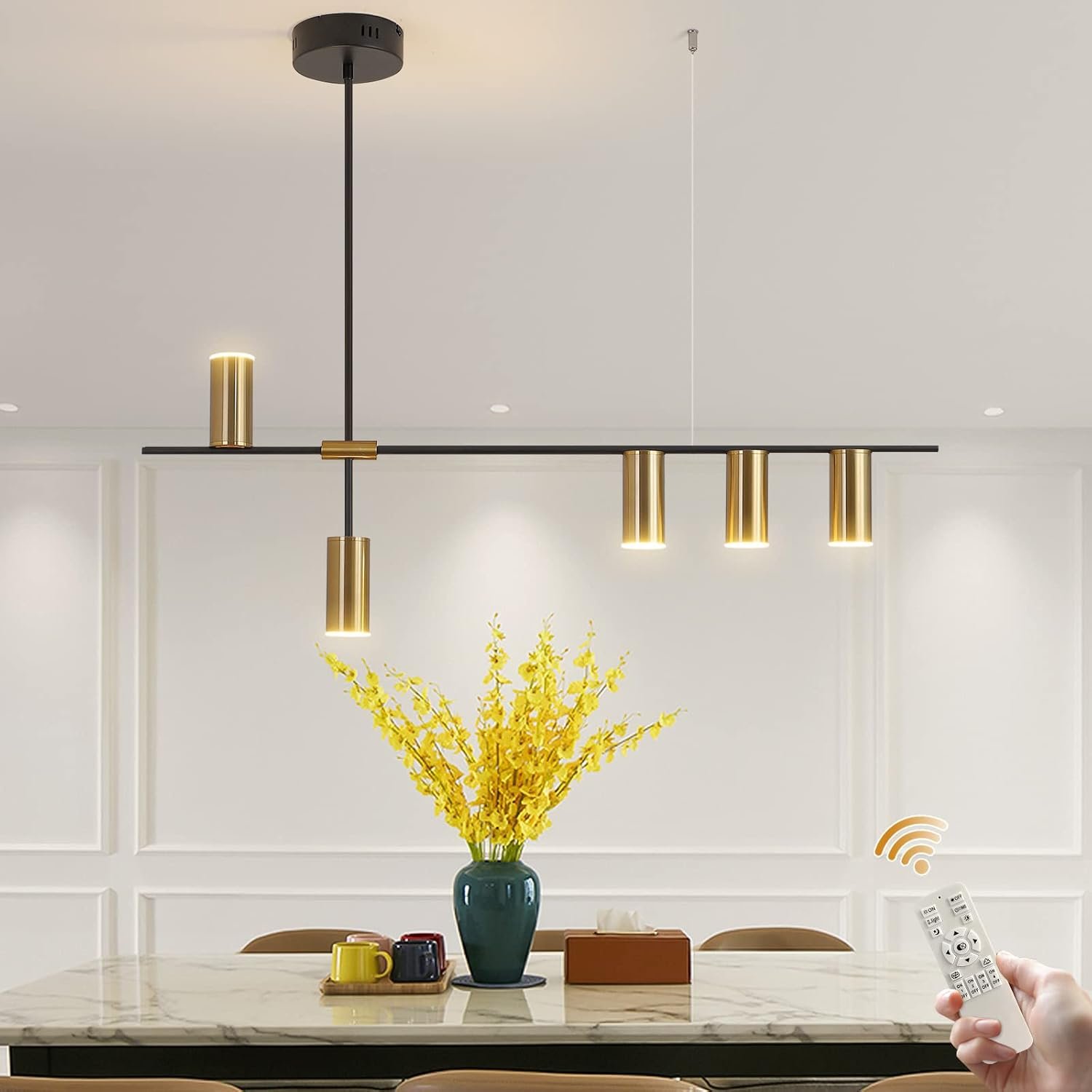 Siittoo Modern Kitchen Island Light with Remote, Dimmable LED Linear Pendant Light, 39.3″ Black Gold Dining Room Light Fixture Over Table (30W, 5-Light)