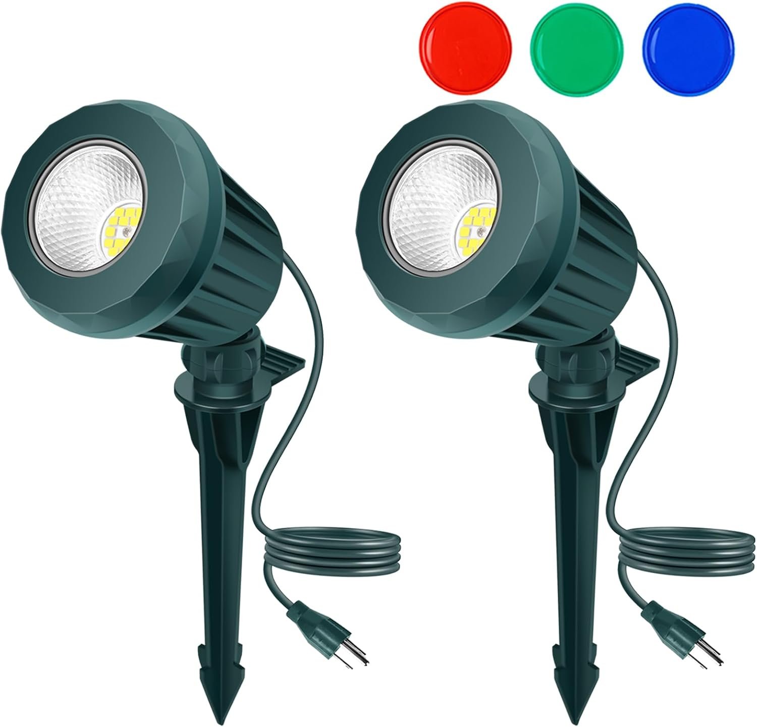 Spotlight Outdoor – 120V Plug-in, 2700K Warm White LED Landscape Spot Lights with RGB 3 Lenses for Yard, Garden, Lawn&Tree Decor, IP67 Waterproof, Perfect for Holidays&Everyday (2 Pack, Green)