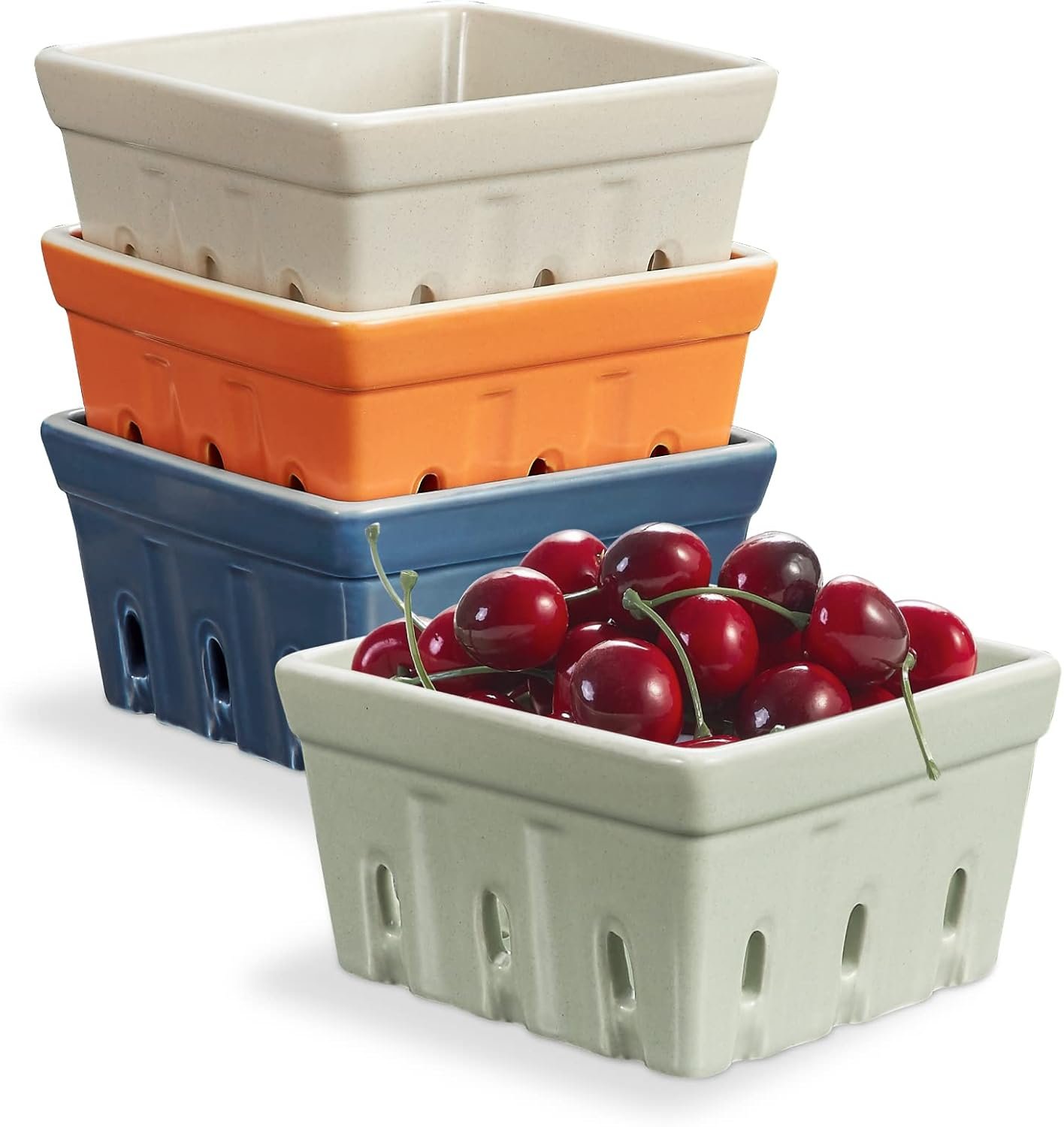 ONEMORE Ceramic Berry Basket, Rustic Stoneware Berry Bowls Colander, Square Fruit Bowls for Kitchen Decor Set of 4, 4.5 inch, Assorted Color