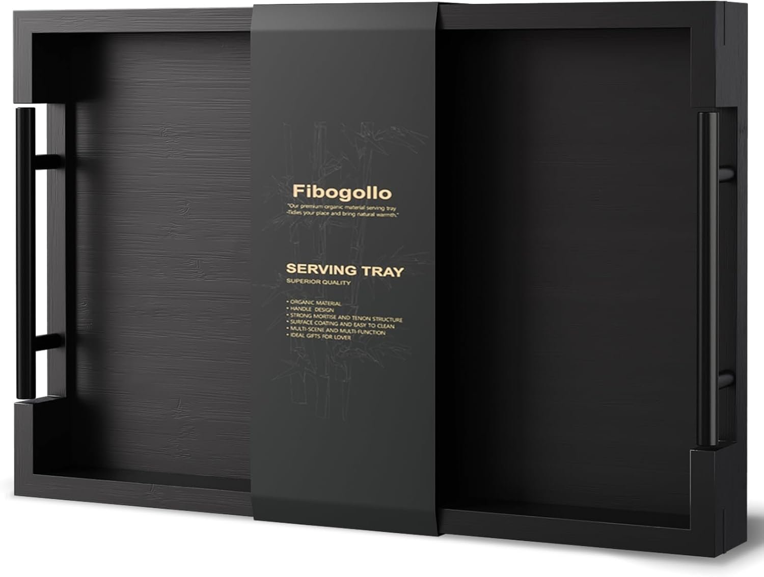 Fibogollo Bamboo Serving Tray with Metal Handles,15x10in Ottoman Decorative Trays Platter for Coffee Table,Living Room,Bar,Party,Medium(Black)