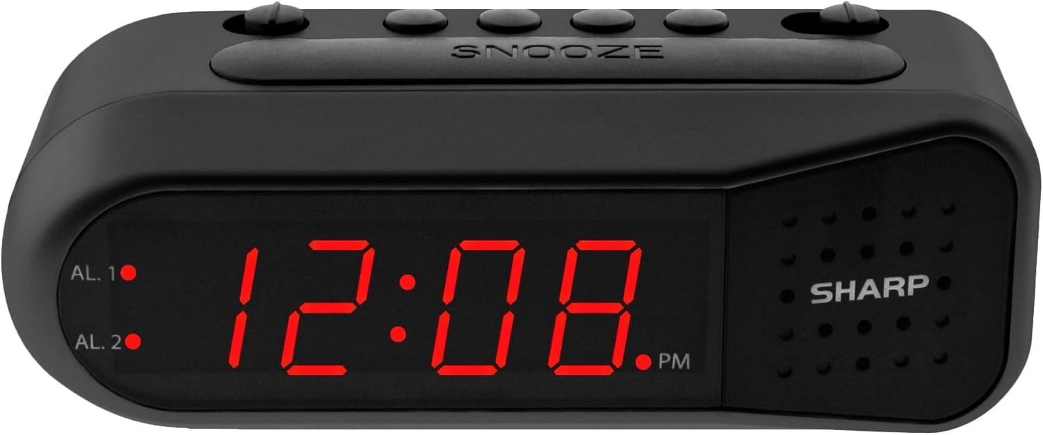 Sharp Easy-Set Digital Alarm Clock for Bedroom – Large Red LED Display, Ascending Loud Alarm for Heavy Sleepers, Dual Alarm Weekday/Weekend, Simple Operation, Snooze, Battery Backup