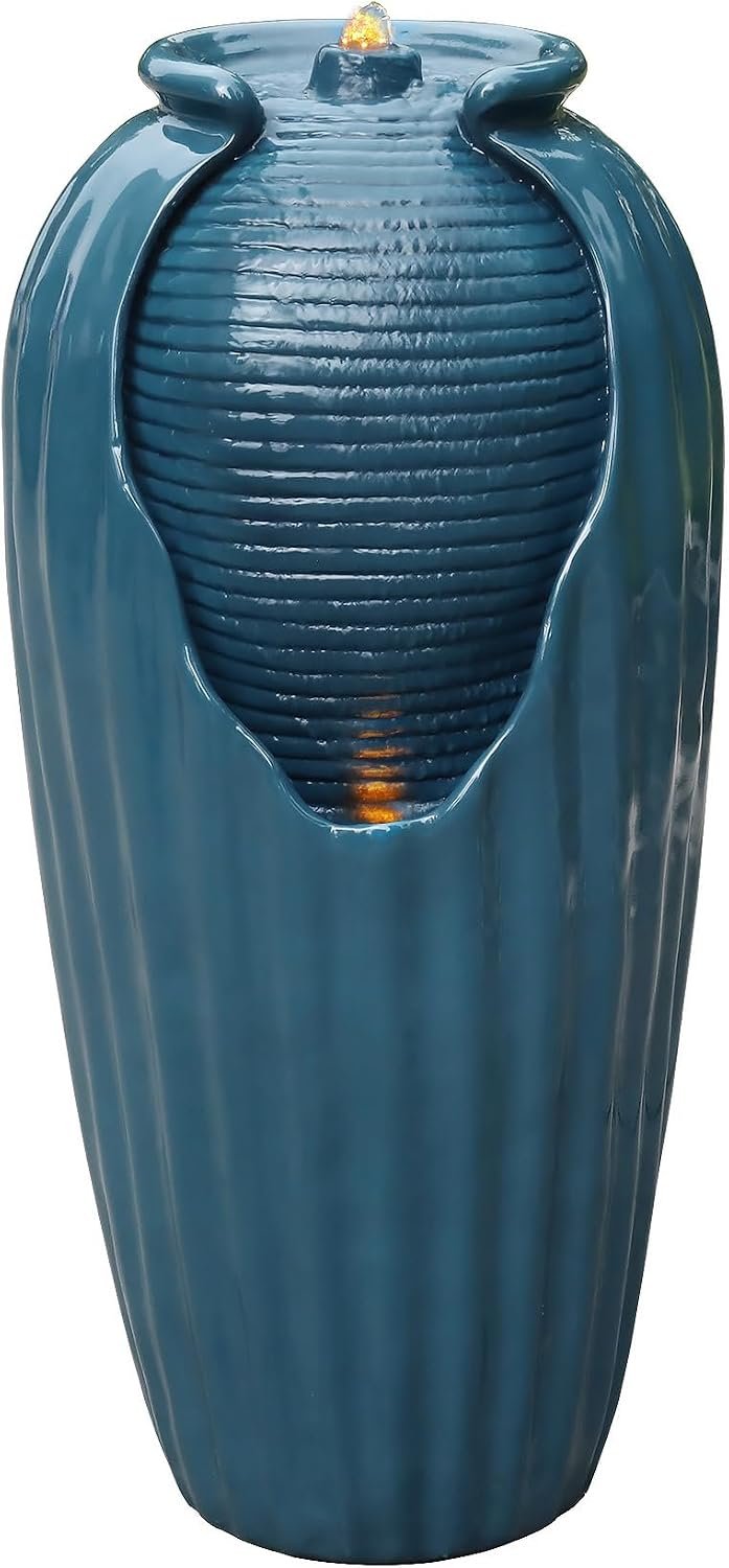 Teamson Home 32 in. Outdoor Contemporary Glazed Contoured Vase Water Fountain with LED Lights to Create a Calming Oasis in Gardens and Landscaping, on Patios, Balconies, Lawns, Teal Blue | Freestanding Floor Feature, Built-In LED Light, Glossy Teal Blue, Outdoor Décor
