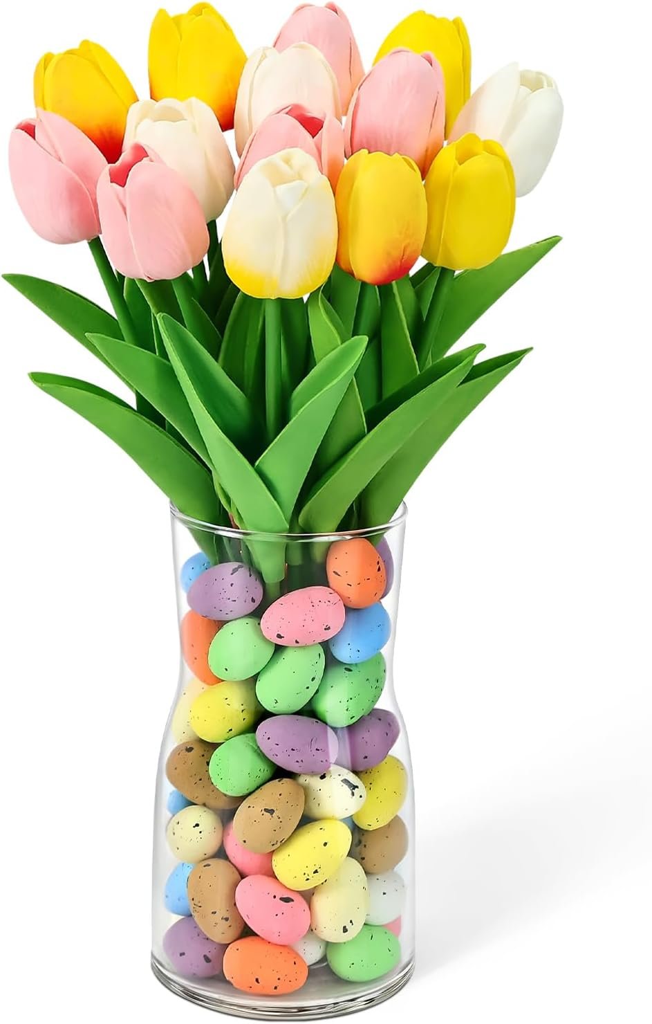Spring Easter Decorations 12 Artificial Tulips with Easter Colorful Eggs and 1 Vase for Easter Centerpiece Table Decorations Home Kitchen Indoor Decoration