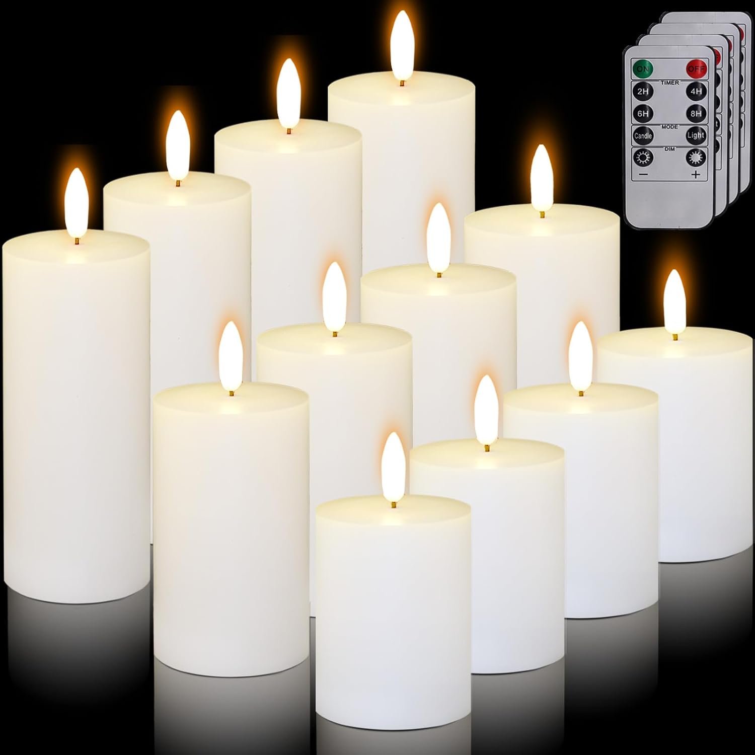 12 Pcs White Flameless Candles Flat Top LED Candles with Remote Timer, Pillar Flameless Candle Bulk Flickering Battery Operated Candle for Wedding Festival Outdoor Home Decor D 3” H 4” 5” 6”