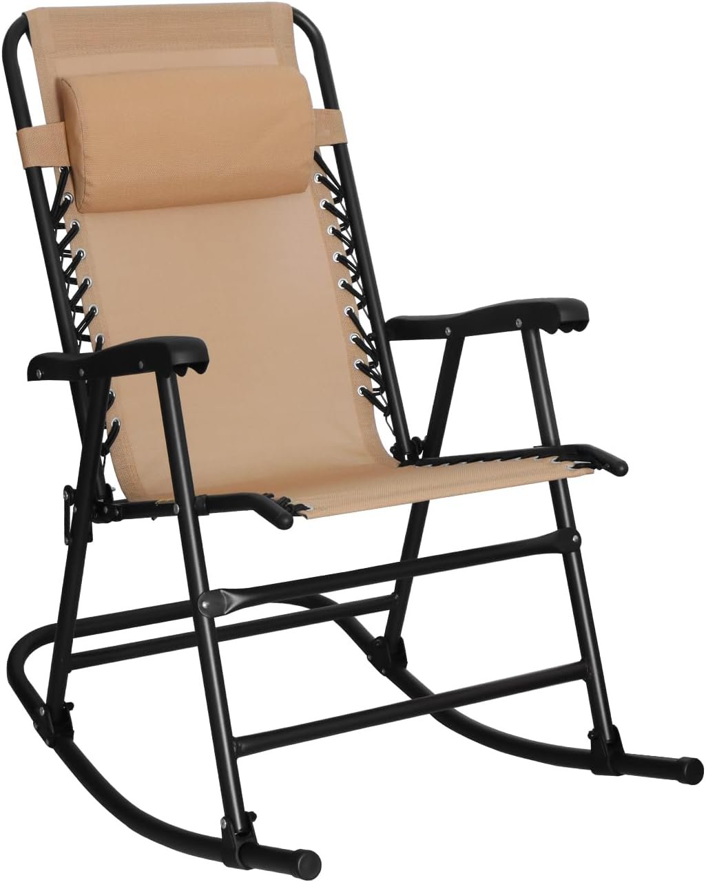 Amazon Basics Outdoor Portable Folding Rocking Chair with Headrest, Ergonomic Design, Weather-resistant Patio Reclining Lounge Chair for Porch, 33.6 x 37.4 x 26 inch, Beige
