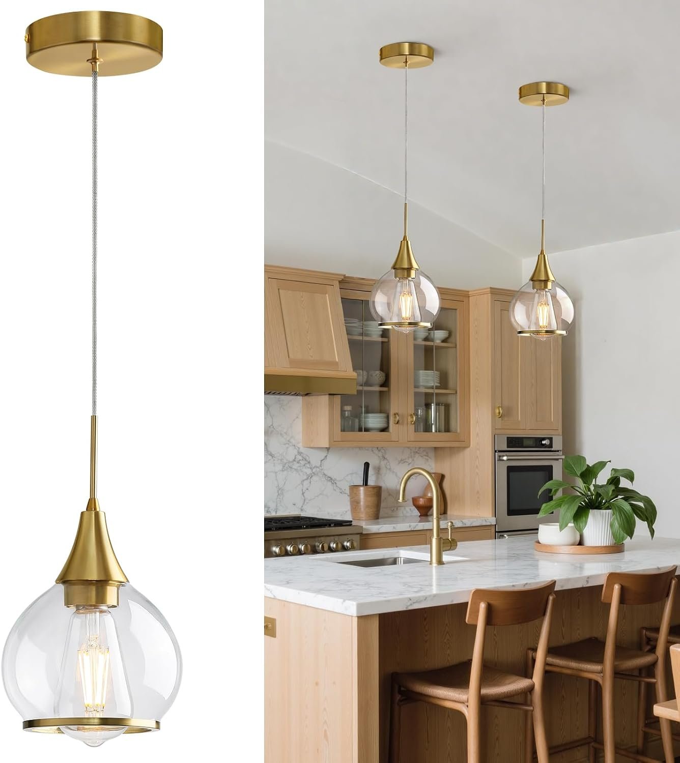 Pendant Light Fixtures Kitchen: Brushed Gold Farmhouse Island Light with Clear Glass – 6 Inch Mid Century Globe Kitchen Lighting Chandeliers Ceiling for Dining Room