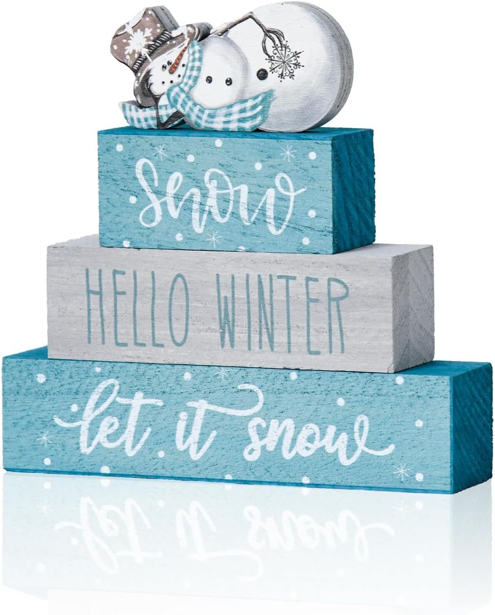 Smile 4 Pcs Christmas Signs Wooden Indoor Tabletop Decorations | Let It Snow, HELLO WINTER, Ornaments for Home, Shelf Mantel Fireplace