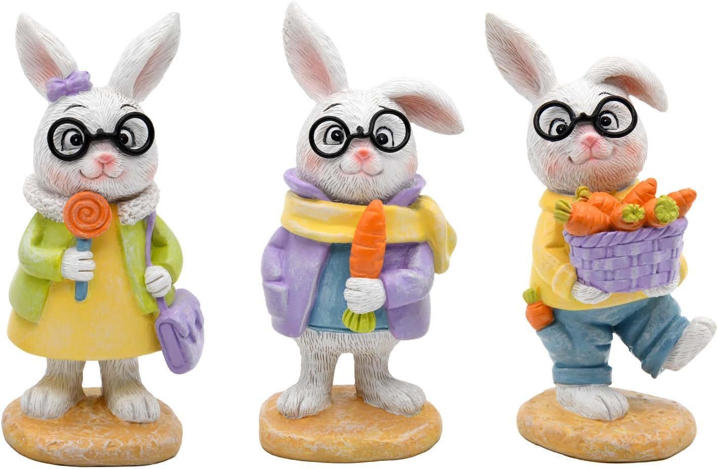nuvagiki Spring Decorations for Home,3PCS Spring Bunny Figurines Decor, Rustic Farmhouse Bunny with Basket, Carrot Kitchen Table Tiered Tray Decor, Spring Office Classroom Decorations