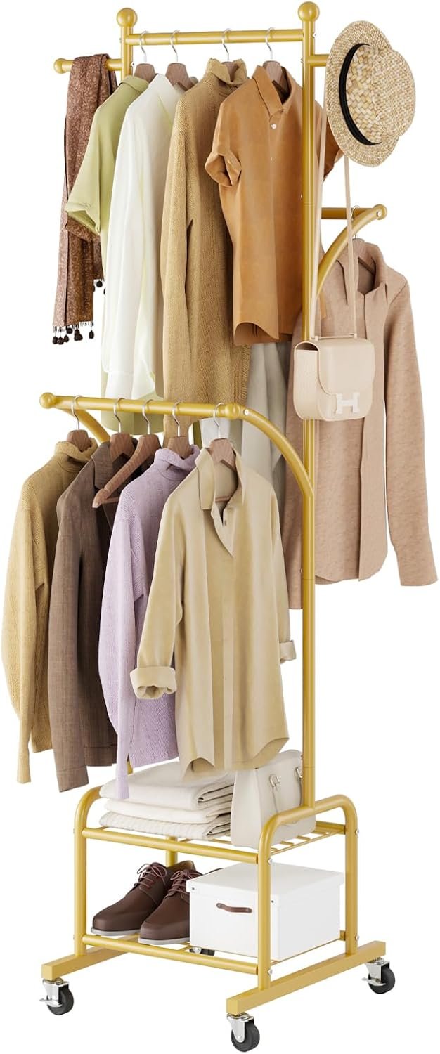 Rolling Clothes Rack with 2 Metal Shelves, 71″ Portable Clothing Rack with Wheels, Small Garment Rack with 2 Side Hanging Rods, Freestanding Coat Rack for Laundry Room, Bedroom, Gold