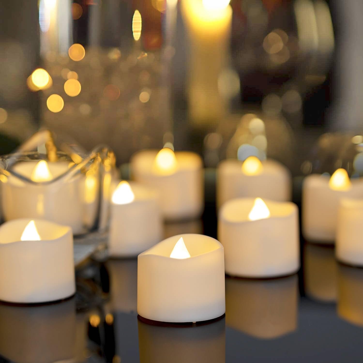 Homemory 48-Pack Novelty Flickering Flameless Tea Lights Candles, 200+Hours Battery-Operated LED Fake Candles for Wedding Table Centerpieces,Proposal,Anniversary, White Base, Ø1.5” × H1.3”