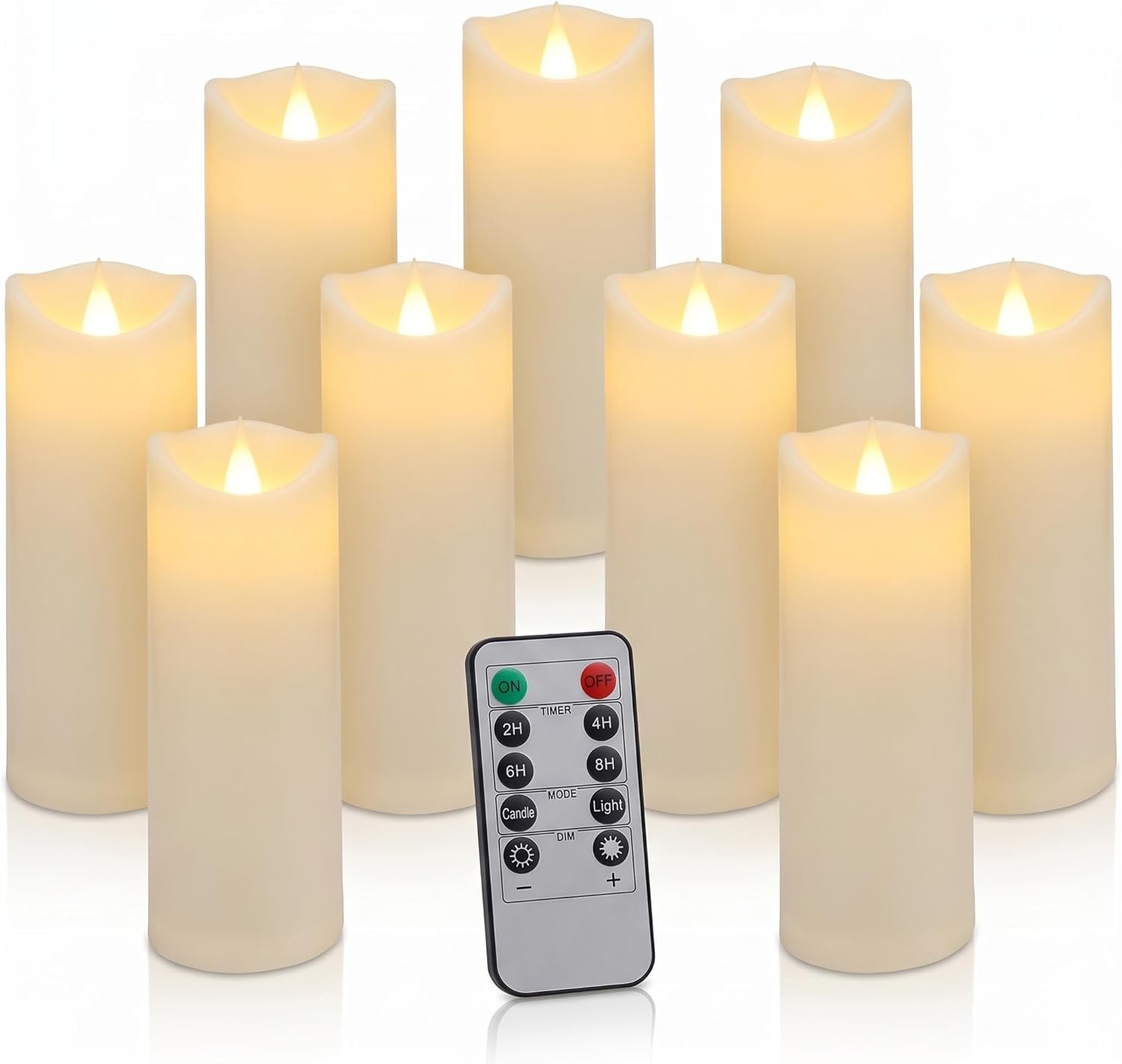 Enido 9pcs Flameless Candles with Remote, 2.2″ x 5/6/7″ Heat-Resistant Plastic LED Pillar Candles, Battery Operated Moving Wick Fake Candles with Timer, Realistic for Wedding, Outdoor, Home Decor