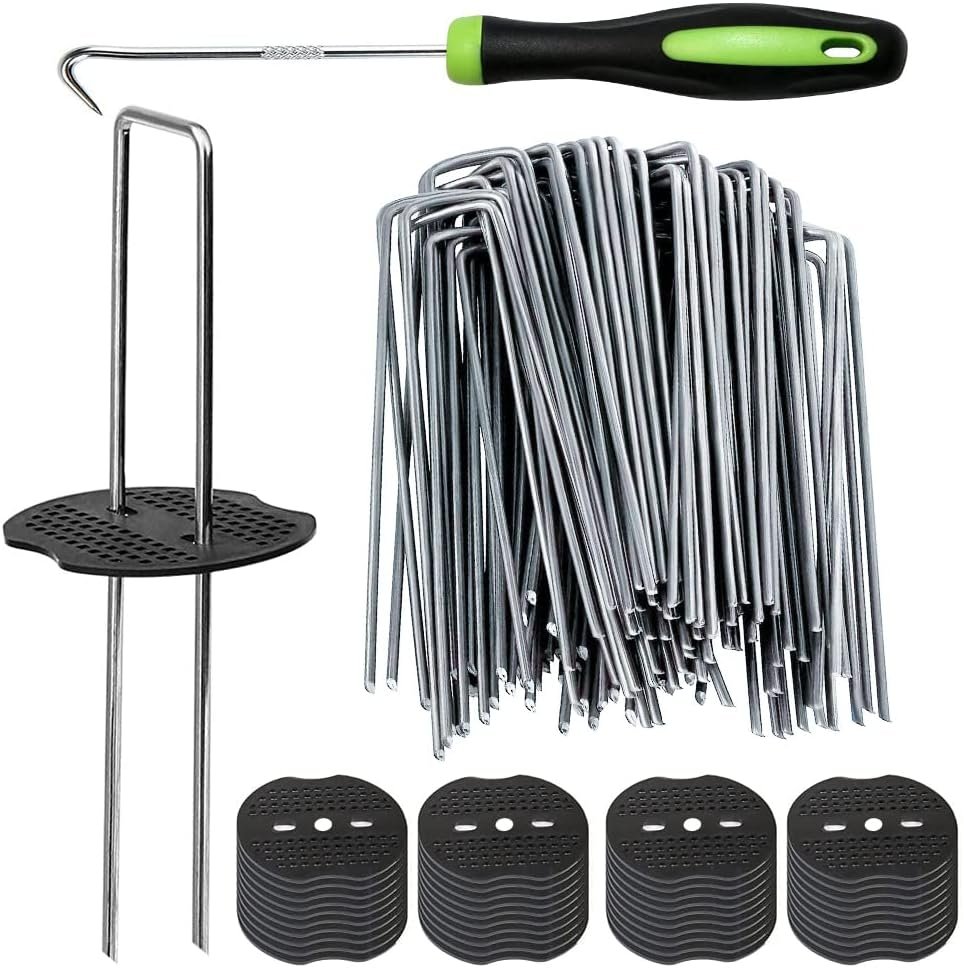 50Pcs Garden Stakes Staples + 50Pcs Gasket, Bakulyor 6 Inch Lawn Landscape Staples 11 Gauge U Shaped Galvanized Landscape Pins, Heavy Duty Yard Ground Pin for Weed Barrier Sod Fabric Decorations – 6″