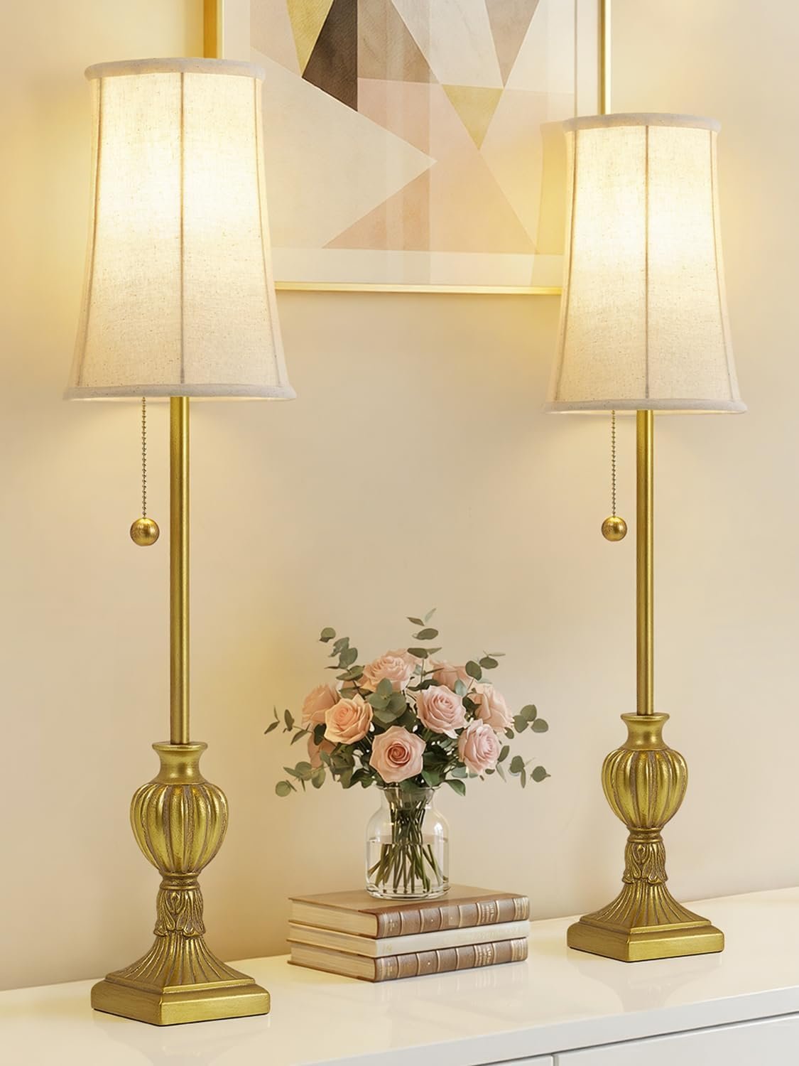 Buffet Table Lamps Set of 2 – 28″ Tall Skinny Brass Resin Finish Table Lamp for Living Room – Traditional Farmhouse Buffet Lamp with Pull Chain for Console Table,Dining Sideboard,Entryway,Hallway